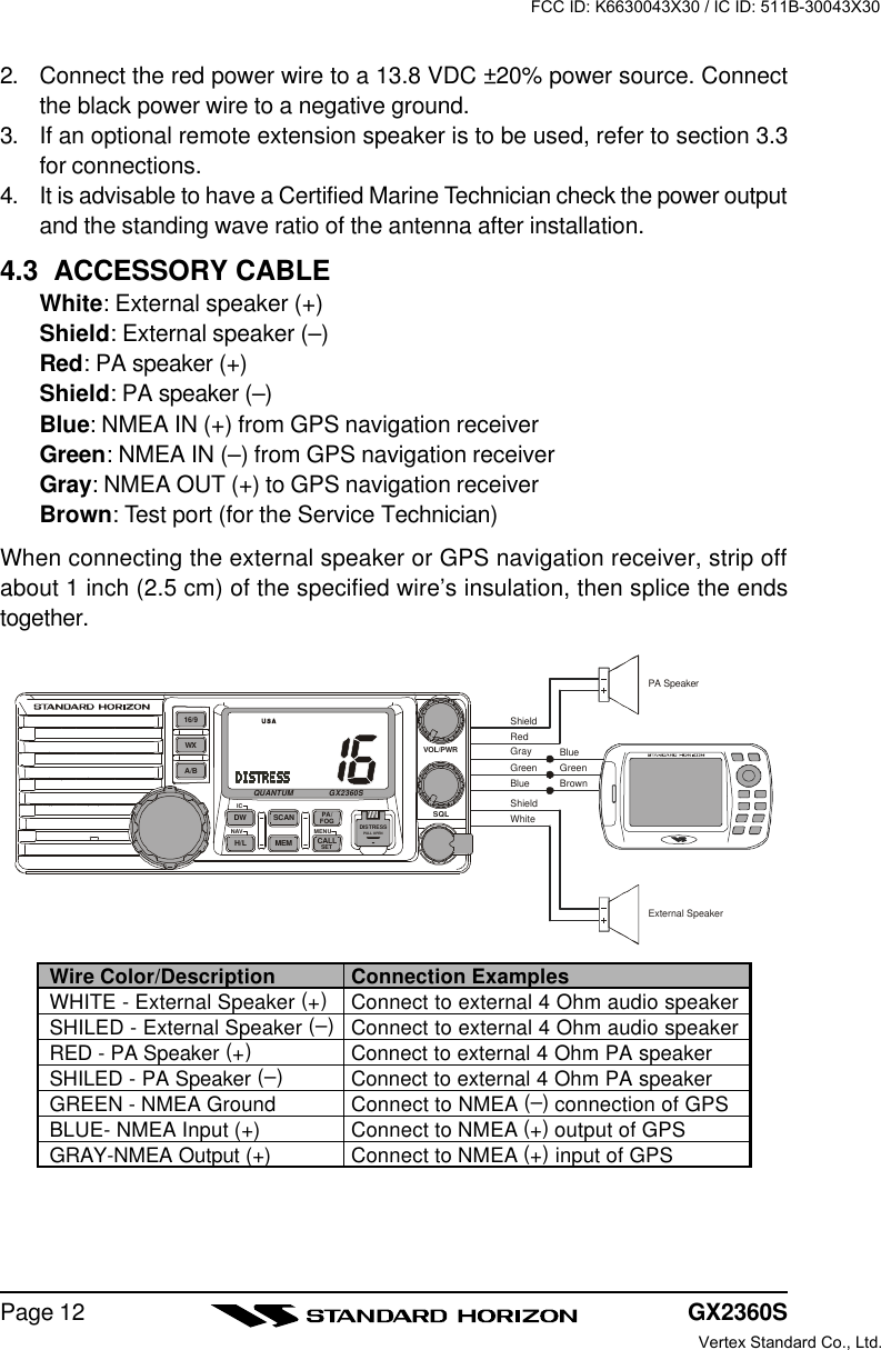 GX2360SPage 122. Connect the red power wire to a 13.8 VDC ±20% power source. Connectthe black power wire to a negative ground.3. If an optional remote extension speaker is to be used, refer to section 3.3for connections.4. It is advisable to have a Certified Marine Technician check the power outputand the standing wave ratio of the antenna after installation.4.3  ACCESSORY CABLEWhite: External speaker (+)Shield: External speaker (–)Red: PA speaker (+)Shield: PA speaker (–)Blue: NMEA IN (+) from GPS navigation receiverGreen: NMEA IN (–) from GPS navigation receiverGray: NMEA OUT (+) to GPS navigation receiverBrown: Test port (for the Service Technician)When connecting the external speaker or GPS navigation receiver, strip offabout 1 inch (2.5 cm) of the specified wire’s insulation, then splice the endstogether.Wire Color/DescriptionWHITE - External Speaker (+)SHILED - External Speaker (–)RED - PA Speaker (+)SHILED - PA Speaker (–)GREEN - NMEA GroundBLUE- NMEA Input (+)GRAY-NMEA Output (+)Connection ExamplesConnect to external 4 Ohm audio speakerConnect to external 4 Ohm audio speakerConnect to external 4 Ohm PA speakerConnect to external 4 Ohm PA speakerConnect to NMEA (–) connection of GPSConnect to NMEA (+) output of GPSConnect to NMEA (+) input of GPSExternal SpeakerPA SpeakerGreenGrayBlueShieldShieldRedWhiteBrownGreenBlueDISTRESSPULL OPENVOL/PWRSQLCALLPA/FOGSCANMEMDWICNAV MENUSETA/BWX16/9QUANTUM GX2360SH/LFCC ID: K6630043X30 / IC ID: 511B-30043X30Vertex Standard Co., Ltd.