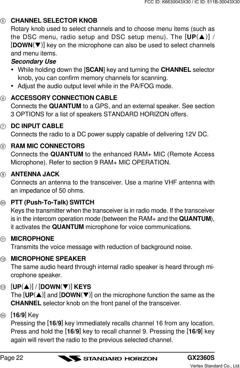 GX2360SPage 22CHANNEL SELECTOR KNOBRotary knob used to select channels and to choose menu items (such asthe DSC menu, radio setup and DSC setup menu). The [UP(p)] /[DOWN(q)] key on the microphone can also be used to select channelsand menu items.Secondary UseŸWhile holding down the [SCAN] key and turning the CHANNEL selectorknob, you can confirm memory channels for scanning.ŸAdjust the audio output level while in the PA/FOG mode.ACCESSORY CONNECTION CABLEConnects the QUANTUM to a GPS, and an external speaker. See section3 OPTIONS for a list of speakers STANDARD HORIZON offers.DC INPUT CABLEConnects the radio to a DC power supply capable of delivering 12V DC.RAM MIC CONNECTORSConnects the QUANTUM to the enhanced RAM+ MIC (Remote AccessMicrophone). Refer to section 9 RAM+ MIC OPERATION.ANTENNA JACKConnects an antenna to the transceiver. Use a marine VHF antenna withan impedance of 50 ohms.PTT (Push-To-Talk) SWITCHKeys the transmitter when the transceiver is in radio mode. If the transceiveris in the intercom operation mode (between the RAM+ and the QUANTUM),it activates the QUANTUM microphone for voice communications.MICROPHONETransmits the voice message with reduction of background noise.MICROPHONE SPEAKERThe same audio heard through internal radio speaker is heard through mi-crophone speaker.[UP(p)] / [DOWN(q)] KEYSThe [UP(p)] and [DOWN(q)] on the microphone function the same as theCHANNEL selector knob on the front panel of the transceiver.[16/9] KeyPressing the [16/9] key immediately recalls channel 16 from any location.Press and hold the [16/9] key to recall channel 9. Pressing the [16/9] keyagain will revert the radio to the previous selected channel.FCC ID: K6630043X30 / IC ID: 511B-30043X30Vertex Standard Co., Ltd.