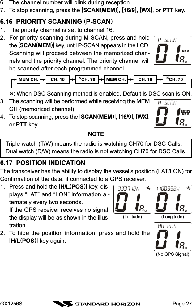 GX1256S Page 27(Latitude) (Longitude)(No GPS Signal)6. The channel number will blink during reception.7. To stop scanning, press the [SCAN(MEM)], [16/9], [WX], or PTT key.6.16  PRIORITY SCANNING (P-SCAN)1. The priority channel is set to channel 16.2. For priority scanning during M-SCAN, press and holdthe [SCAN(MEM)] key, until P-SCAN appears in the LCD.Scanning will proceed between the memorized chan-nels and the priority channel. The priority channel willbe scanned after each programmed channel.: When DSC Scanning method is enabled. Default is DSC scan is ON.3. The scanning will be performed while receiving the MEMCH (memorized channel).4. To stop scanning, press the [SCAN(MEM)], [16/9], [WX],or PTT key.NOTETriple watch (T/W) means the radio is watching CH70 for DSC Calls.Dual watch (D/W) means the radio is not watching CH70 for DSC Calls.6.17  POSITION INDICATIONThe transceiver has the ability to display the vessel’s position (LAT/LON) forConfirmation of the data, if connected to a GPS receiver.1. Press and hold the [H/L(POS)] key, dis-plays “LAT” and “LON” information al-ternately every two seconds.If the GPS receiver receives no signal,the display will be as shown in the illus-tration.2. To hide the position information, press and hold the[H/L(POS)] key again.MEM CH. CH. 16 CH. 70 MEM CH. CH. 16 CH. 70