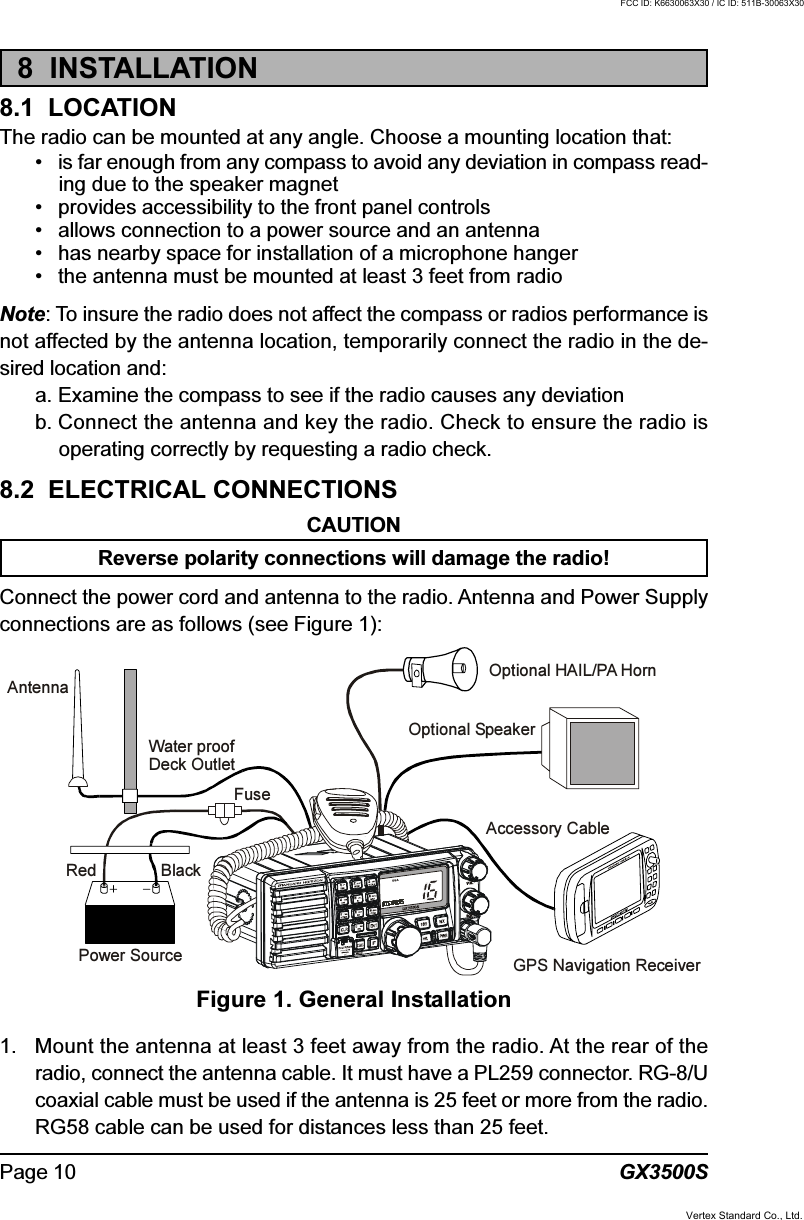 GX3500SPage 108  INSTALLATION8.1  LOCATIONThe radio can be mounted at any angle. Choose a mounting location that:• is far enough from any compass to avoid any deviation in compass read-ing due to the speaker magnet• provides accessibility to the front panel controls• allows connection to a power source and an antenna• has nearby space for installation of a microphone hanger• the antenna must be mounted at least 3 feet from radioNote: To insure the radio does not affect the compass or radios performance isnot affected by the antenna location, temporarily connect the radio in the de-sired location and:a. Examine the compass to see if the radio causes any deviationb. Connect the antenna and key the radio. Check to ensure the radio isoperating correctly by requesting a radio check.8.2  ELECTRICAL CONNECTIONSCAUTIONReverse polarity connections will damage the radio!Connect the power cord and antenna to the radio. Antenna and Power Supplyconnections are as follows (see Figure 1):1. Mount the antenna at least 3 feet away from the radio. At the rear of theradio, connect the antenna cable. It must have a PL259 connector. RG-8/Ucoaxial cable must be used if the antenna is 25 feet or more from the radio.RG58 cable can be used for distances less than 25 feet.Figure 1. General InstallationGPS Navigation ReceiverAccessory CableOptional SpeakerAntennaFuseRedPower SourceBlackWater proofDeck OutletOptional HAIL/PA HornVertex Standard Co., Ltd.FCC ID: K6630063X30 / IC ID: 511B-30063X30
