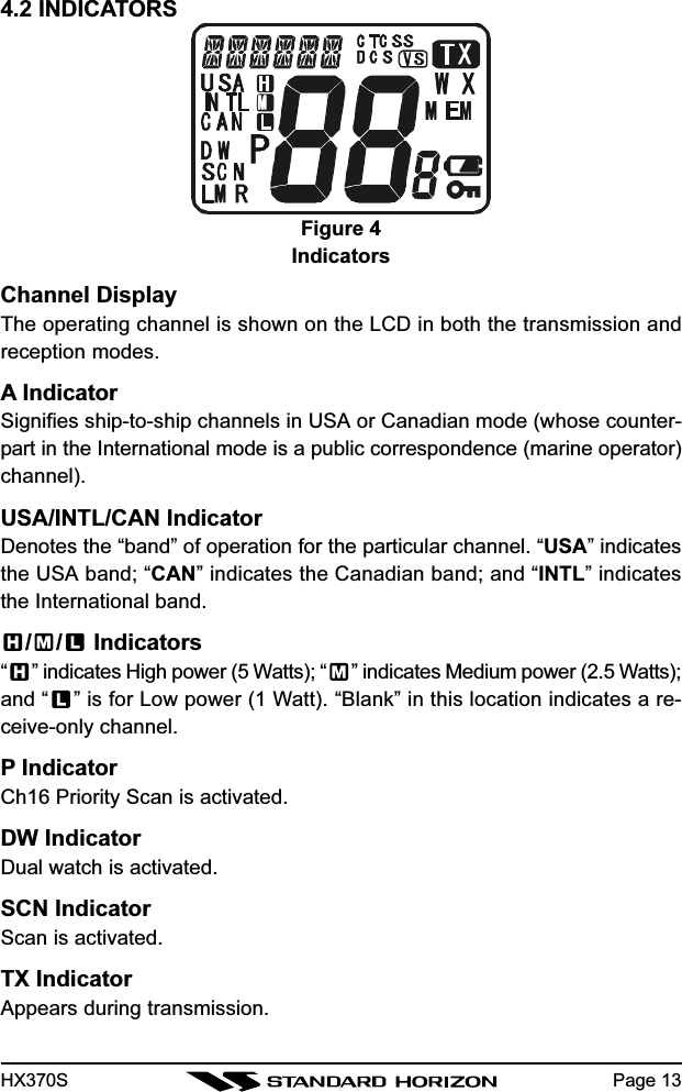 HX370S Page 134.2 INDICATORSFigure 4IndicatorsChannel DisplayThe operating channel is shown on the LCD in both the transmission andreception modes.A IndicatorSignifies ship-to-ship channels in USA or Canadian mode (whose counter-part in the International mode is a public correspondence (marine operator)channel).USA/INTL/CAN IndicatorDenotes the “band” of operation for the particular channel. “USA” indicatesthe USA band; “CAN” indicates the Canadian band; and “INTL” indicatesthe International band./ /  Indicators“” indicates High power (5 Watts); “ ” indicates Medium power (2.5 Watts);and “ ” is for Low power (1 Watt). “Blank” in this location indicates a re-ceive-only channel.P IndicatorCh16 Priority Scan is activated.DW IndicatorDual watch is activated.SCN IndicatorScan is activated.TX IndicatorAppears during transmission.