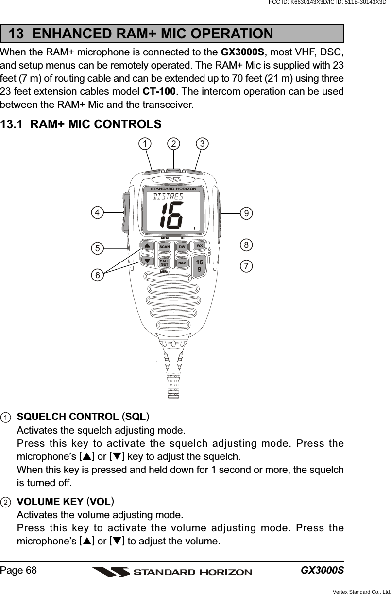 GX3000SPage 6813  ENHANCED RAM+ MIC OPERATIONWhen the RAM+ microphone is connected to the GX3000S, most VHF, DSC,and setup menus can be remotely operated. The RAM+ Mic is supplied with 23feet (7 m) of routing cable and can be extended up to 70 feet (21 m) using three23 feet extension cables model CT-100. The intercom operation can be usedbetween the RAM+ Mic and the transceiver.13.1  RAM+ MIC CONTROLSSQUELCH CONTROL (SQL)Activates the squelch adjusting mode.Press this key to activate the squelch adjusting mode. Press themicrophone’s [] or [] key to adjust the squelch.When this key is pressed and held down for 1 second or more, the squelchis turned off.VOLUME KEY (VOL)Activates the volume adjusting mode.Press this key to activate the volume adjusting mode. Press themicrophone’s [] or [] to adjust the volume.SCAN DWNAVWXCALLSETMEM ICU.I.CMENU169FCC ID: K6630143X3D/IC ID: 511B-30143X3DVertex Standard Co., Ltd.