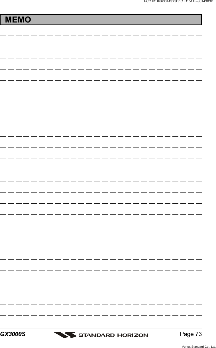 Page 73GX3000SMEMOFCC ID: K6630143X3D/IC ID: 511B-30143X3DVertex Standard Co., Ltd.