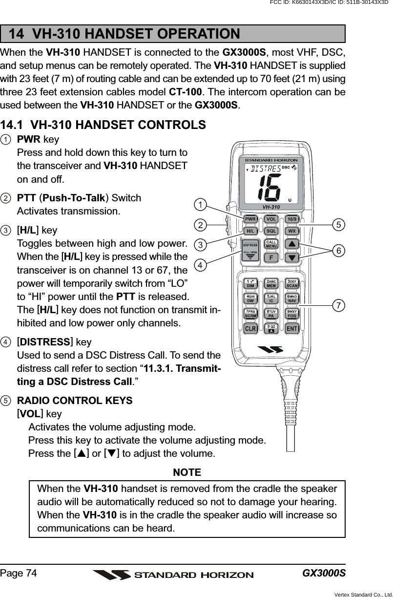 GX3000SPage 7414  VH-310 HANDSET OPERATIONWhen the VH-310 HANDSET is connected to the GX3000S, most VHF, DSC,and setup menus can be remotely operated. The VH-310 HANDSET is suppliedwith 23 feet (7 m) of routing cable and can be extended up to 70 feet (21 m) usingthree 23 feet extension cables model CT-100. The intercom operation can beused between the VH-310 HANDSET or the GX3000S.14.1  VH-310 HANDSET CONTROLSPWR keyPress and hold down this key to turn tothe transceiver and VH-310 HANDSETon and off.PTT (Push-To-Talk) SwitchActivates transmission.[H/L] keyToggles between high and low power.When the [H/L] key is pressed while thetransceiver is on channel 13 or 67, thepower will temporarily switch from “LO”to “HI” power until the PTT is released.The [H/L] key does not function on transmit in-hibited and low power only channels.[DISTRESS] keyUsed to send a DSC Distress Call. To send thedistress call refer to section “11.3.1. Transmit-ting a DSC Distress Call.”RADIO CONTROL KEYS[VOL] keyActivates the volume adjusting mode.Press this key to activate the volume adjusting mode.Press the [] or [] to adjust the volume.NOTEWhen the VH-310 handset is removed from the cradle the speakeraudio will be automatically reduced so not to damage your hearing.When the VH-310 is in the cradle the speaker audio will increase socommunications can be heard.FCC ID: K6630143X3D/IC ID: 511B-30143X3DVertex Standard Co., Ltd.