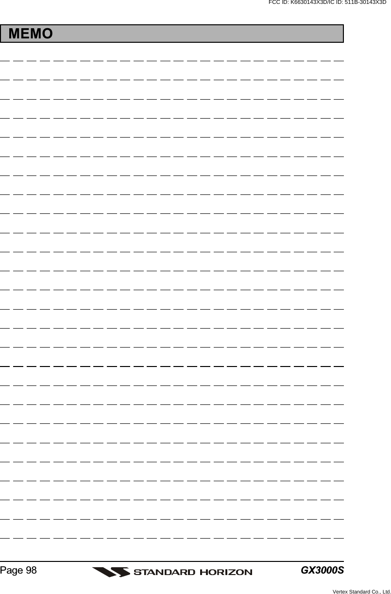 GX3000SPage 98MEMOFCC ID: K6630143X3D/IC ID: 511B-30143X3DVertex Standard Co., Ltd.