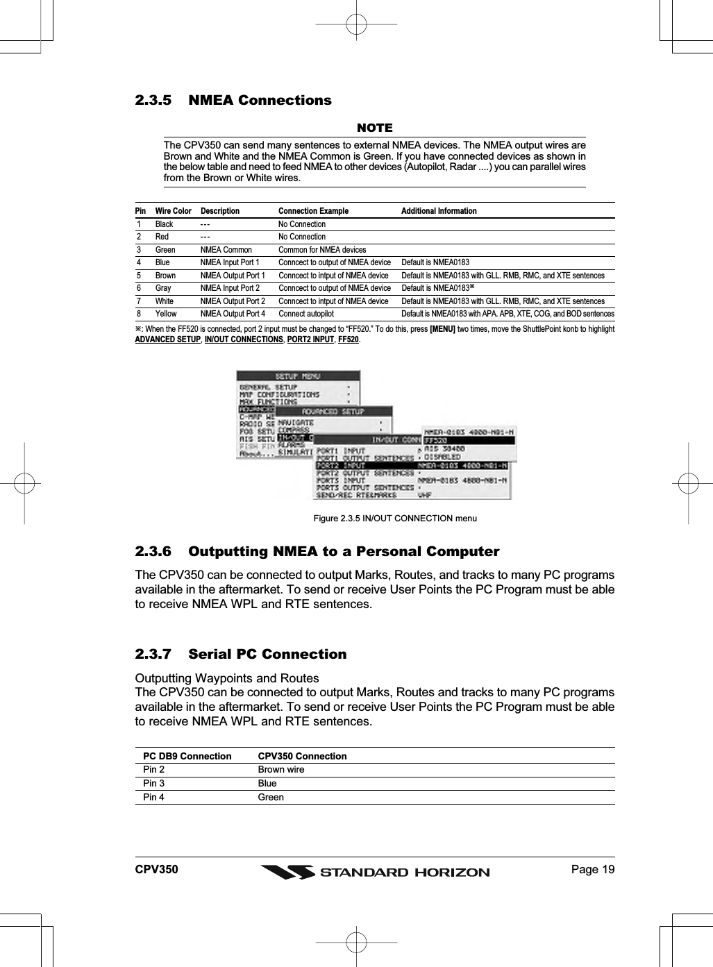 Page 19CPV3502.3.5 NMEA ConnectionsNOTEThe CPV350 can send many sentences to external NMEA devices. The NMEA output wires areBrown and White and the NMEA Common is Green. If you have connected devices as shown inthe below table and need to feed NMEA to other devices (Autopilot, Radar ....) you can parallel wiresfrom the Brown or White wires.Pin Wire Color Description Connection Example Additional Information 1 Black -- - No Connection 2 Red -- - No Connection 3 Green NMEA Common Common for NMEA devices 4 Blue NMEA Input Port 1 Conncect to output of NMEA device Default is NMEA0183 5 Brown NMEA Output Port 1 Conncect to intput of NMEA device Default is NMEA0183 with GLL. RMB, RMC, and XTE sentences 6 Gray NMEA Input Port 2 Conncect to output of NMEA device Default is NMEA0183 7 White NMEA Output Port 2 Conncect to intput of NMEA device Default is NMEA0183 with GLL. RMB, RMC, and XTE sentences 8 Yellow NMEA Output Port 4 Connect autopilot Default is NMEA0183 with APA. APB, XTE, COG, and BOD sentences: When the FF520 is connected, port 2 input must be changed to “FF520.” To do this, press [MENU] two times, move the ShuttlePoint konb to highlightADVANCED SETUP, IN/OUT CONNECTIONS, PORT2 INPUT, FF520. Figure 2.3.5 IN/OUT CONNECTION menu2.3.6 Outputting NMEA to a Personal ComputerThe CPV350 can be connected to output Marks, Routes, and tracks to many PC programsavailable in the aftermarket. To send or receive User Points the PC Program must be ableto receive NMEA WPL and RTE sentences.2.3.7 Serial PC ConnectionOutputting Waypoints and RoutesThe CPV350 can be connected to output Marks, Routes and tracks to many PC programsavailable in the aftermarket. To send or receive User Points the PC Program must be ableto receive NMEA WPL and RTE sentences.PC DB9 Connection CPV350 ConnectionPin 2 Brown wirePin 3 BluePin 4 Green