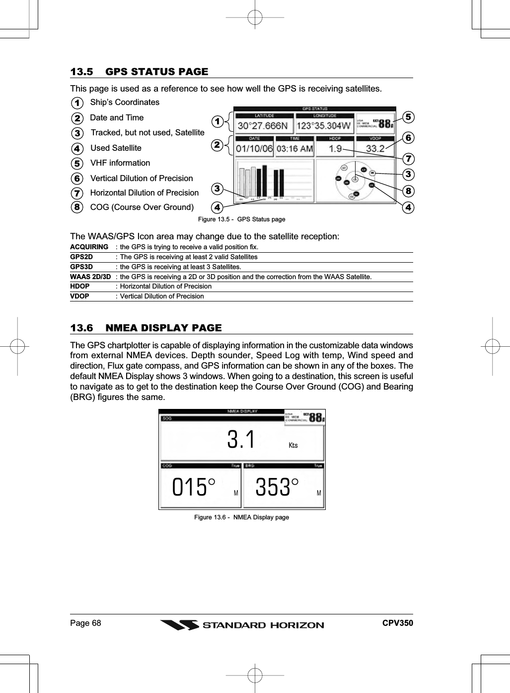 Page 68 CPV35013.5 GPS STATUS PAGEThis page is used as a reference to see how well the GPS is receiving satellites.Horizontal Dilution of Precision42Ship’s CoordinatesTracked, but not used, SatelliteUsed SatelliteCOG (Course Over Ground)17863Vertical Dilution of PrecisionVHF informationDate and Time5153246874309Figure 13.5 -  GPS Status pageThe WAAS/GPS Icon area may change due to the satellite reception:ACQUIRING : the GPS is trying to receive a valid position fix.GPS2D : The GPS is receiving at least 2 valid SatellitesGPS3D : the GPS is receiving at least 3 Satellites.WAAS 2D/3D : the GPS is receiving a 2D or 3D position and the correction from the WAAS Satellite.HDOP : Horizontal Dilution of PrecisionVDOP : Vertical Dilution of Precision13.6 NMEA DISPLAY PAGEThe GPS chartplotter is capable of displaying information in the customizable data windowsfrom external NMEA devices. Depth sounder, Speed Log with temp, Wind speed anddirection, Flux gate compass, and GPS information can be shown in any of the boxes. Thedefault NMEA Display shows 3 windows. When going to a destination, this screen is usefulto navigate as to get to the destination keep the Course Over Ground (COG) and Bearing(BRG) figures the same.KtsM3.1015° 353°MFigure 13.6 -  NMEA Display page