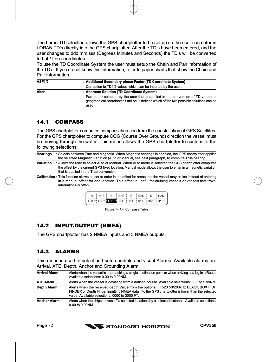 Page 72 CPV350The Loran TD selection allows the GPS chartplotter to be set up so the user can enter inLORAN TD’s directly into the GPS chartplotter. After the TD’s have been entered, and theuser changes to ddd mm.sss (Degrees Minutes and Seconds) the TD’s will be convertedto Lat / Lon coordinates.To use the TD Coordinate System the user must setup the Chain and Pair information ofthe TD’s. If you do not know this information, refer to paper charts that show the Chain andPair information.ASF1/2 :Additional Secondary phase Factor (TD Coordinate System)Correction to TD1/2 values which can be inserted by the user.Alter :Alternate Solution (TD Coordinate System)Parameter selected by the user that is applied in the conversion of TD values togeographical coordinates Lat/Lon. It defines which of the two possible solutions can beused.14.1 COMPASSThe GPS chartplotter computes compass direction from the constellation of GPS Satellites.For the GPS chartplotter to compute COG (Course Over Ground) direction the vessel mustbe moving through the water. This menu allows the GPS chartplotter to customize thefollowing selections:Bearings : Selects between True and Magnetic. When Magnetic bearings is enabled, the GPS chartplotter appliesthe selected Magnetic Variation (Auto or Manual, see next paragraph) to compute True bearing.Variation : Allows the user to select Auto or Manual. When Auto mode is selected the GPS chartplotter computesthe offset by the current GPS fixed location. Manual mode allows the user to enter in a magnetic variationthat is applied in the True conversion.Calibration : This function allows a user to enter in the offset for areas that the vessel may cruise instead of enteringin a manual offset for one location. This offset is useful for cruising vessels or vessels that travelinternationally often.Figure 14.1 -  Compass Table14.2 INPUT/OUTPUT (NMEA)The GPS chartplotter has 2 NMEA inputs and 3 NMEA outputs.14.3 ALARMSThis menu is used to select and setup audible and visual Alarms. Available alarms areArrival, XTE, Depth, Anchor and Grounding Alarm.Arrival Alarm : Alerts when the vessel is approaching a single destination point or when arriving at a leg in a Route.Available selections: 0.00 to 9.99NM.XTE Alarm : Alerts when the vessel is deviating from a defined course. Available selections: 0.00 to 9.99NM.Depth Alarm : Alerts when the received depth Value from the optional FF520 50/200kHz BLACK BOX FISHFINDER or Depth Finder inputting NMEA data into the GPS chartplotter is lower than the selectedvalue. Available selections: 0000 to 3000 FT.Anchor Alarm : Alerts when the ships moves off a selected locations by a selected distance. Available selections:0.00 to 9.99NM.