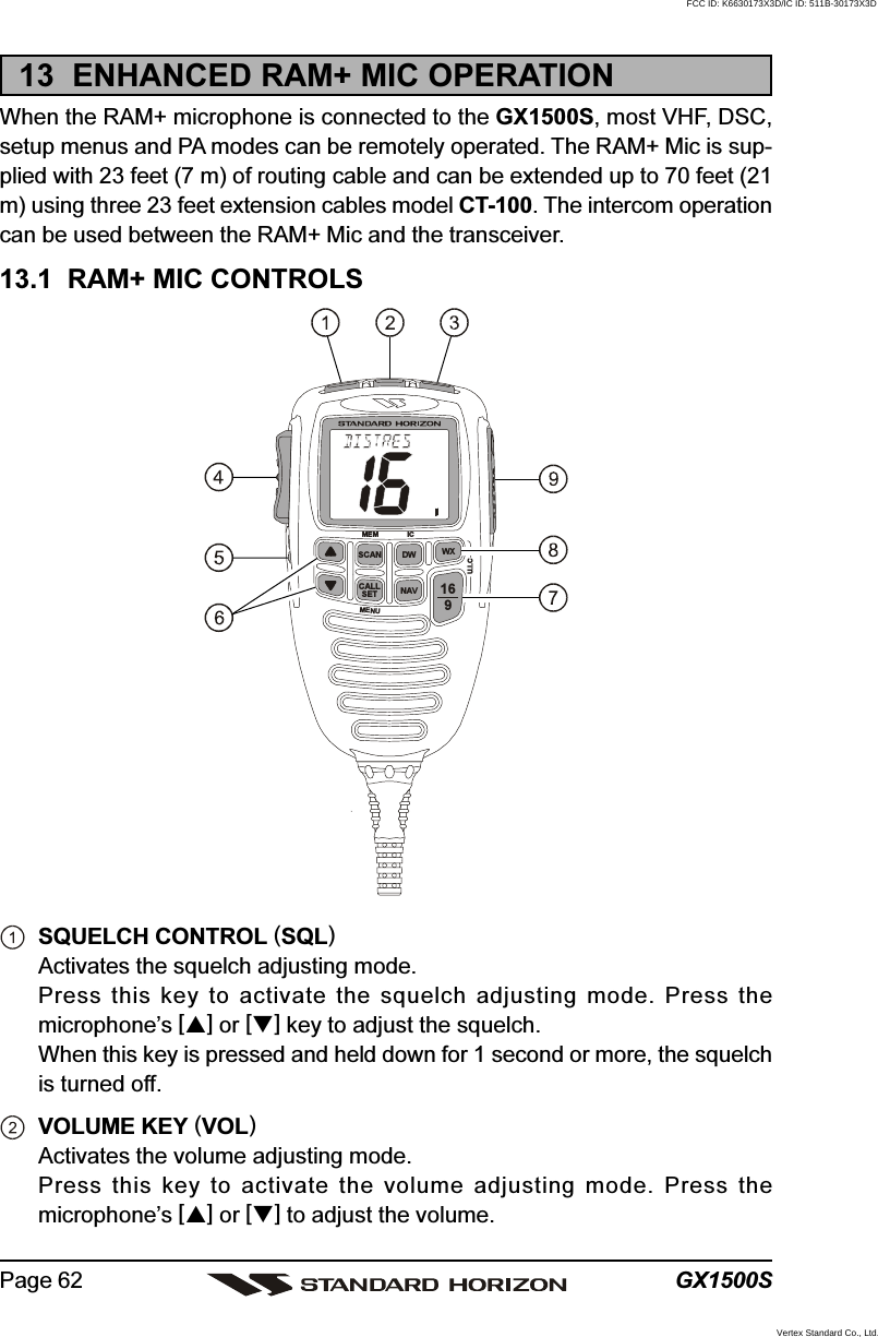 GX1500SPage 6213  ENHANCED RAM+ MIC OPERATIONWhen the RAM+ microphone is connected to the GX1500S, most VHF, DSC,setup menus and PA modes can be remotely operated. The RAM+ Mic is sup-plied with 23 feet (7 m) of routing cable and can be extended up to 70 feet (21m) using three 23 feet extension cables model CT-100. The intercom operationcan be used between the RAM+ Mic and the transceiver.13.1  RAM+ MIC CONTROLSSQUELCH CONTROL (SQL)Activates the squelch adjusting mode.Press this key to activate the squelch adjusting mode. Press themicrophone’s [] or [] key to adjust the squelch.When this key is pressed and held down for 1 second or more, the squelchis turned off.VOLUME KEY (VOL)Activates the volume adjusting mode.Press this key to activate the volume adjusting mode. Press themicrophone’s [] or [] to adjust the volume.SCAN DWNAVWXCALLSETME M ICU.I.CMENU169FCC ID: K6630173X3D/IC ID: 511B-30173X3DVertex Standard Co., Ltd.