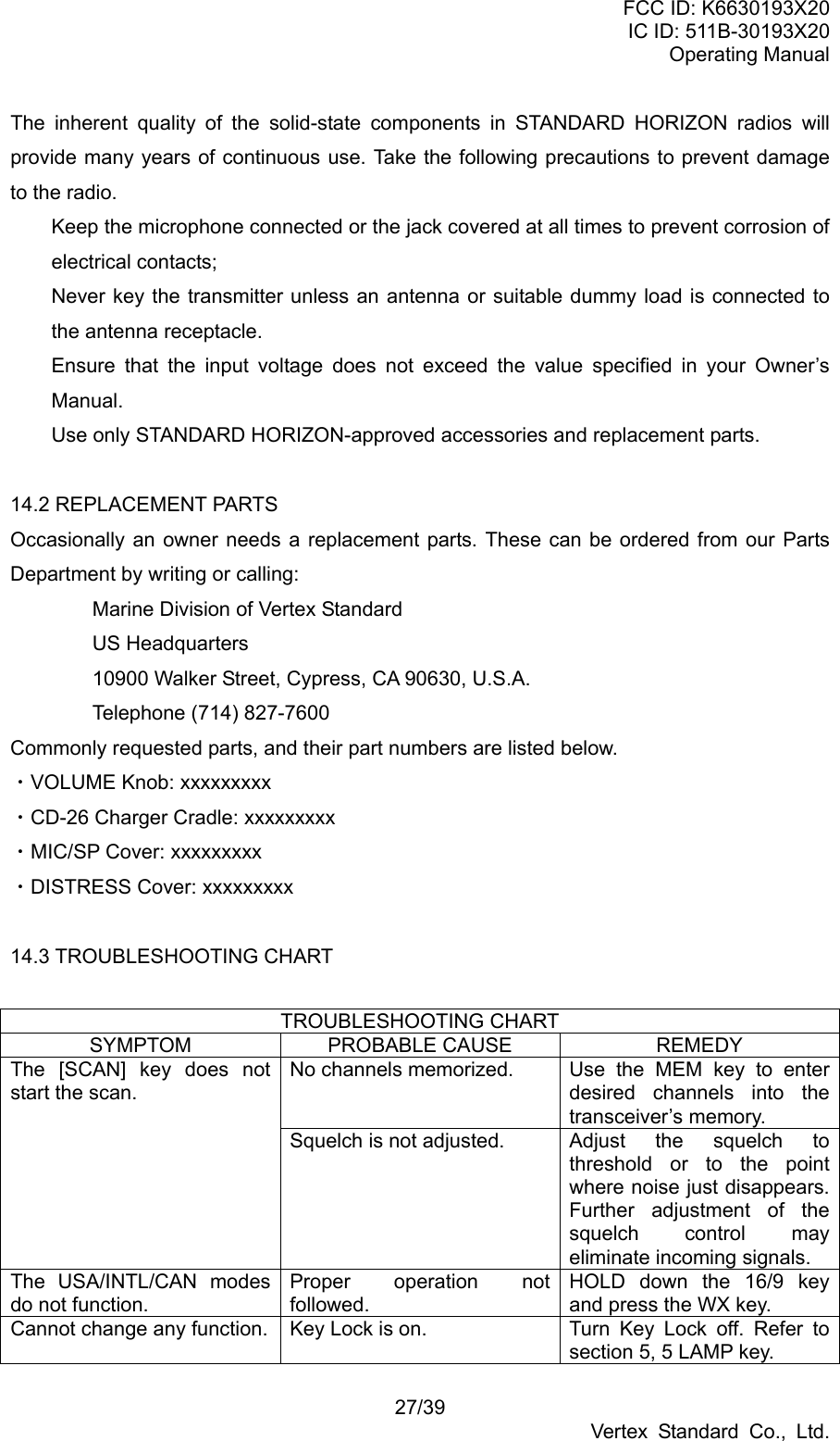 FCC ID: K6630193X20 IC ID: 511B-30193X20 Operating Manual 27/39 Vertex Standard Co., Ltd. The inherent quality of the solid-state components in STANDARD HORIZON radios will provide many years of continuous use. Take the following precautions to prevent damage to the radio.   Keep the microphone connected or the jack covered at all times to prevent corrosion of electrical contacts;   Never key the transmitter unless an antenna or suitable dummy load is connected to the antenna receptacle.   Ensure that the input voltage does not exceed the value specified in your Owner’s Manual.   Use only STANDARD HORIZON-approved accessories and replacement parts.  14.2 REPLACEMENT PARTS Occasionally an owner needs a replacement parts. These can be ordered from our Parts Department by writing or calling:   Marine Division of Vertex Standard  US Headquarters   10900 Walker Street, Cypress, CA 90630, U.S.A.   Telephone (714) 827-7600 Commonly requested parts, and their part numbers are listed below. ・VOLUME Knob: xxxxxxxxx ・CD-26 Charger Cradle: xxxxxxxxx ・MIC/SP Cover: xxxxxxxxx ・DISTRESS Cover: xxxxxxxxx  14.3 TROUBLESHOOTING CHART  TROUBLESHOOTING CHART SYMPTOM PROBABLE CAUSE  REMEDY No channels memorized.  Use the MEM key to enter desired channels into the transceiver’s memory. The [SCAN] key does not start the scan. Squelch is not adjusted.  Adjust the squelch to threshold or to the point where noise just disappears. Further adjustment of the squelch control may eliminate incoming signals. The USA/INTL/CAN modes do not function. Proper operation not followed. HOLD down the 16/9 key and press the WX key. Cannot change any function.  Key Lock is on.  Turn  Key  Lock  off.  Refer  to section 5, 5 LAMP key. 