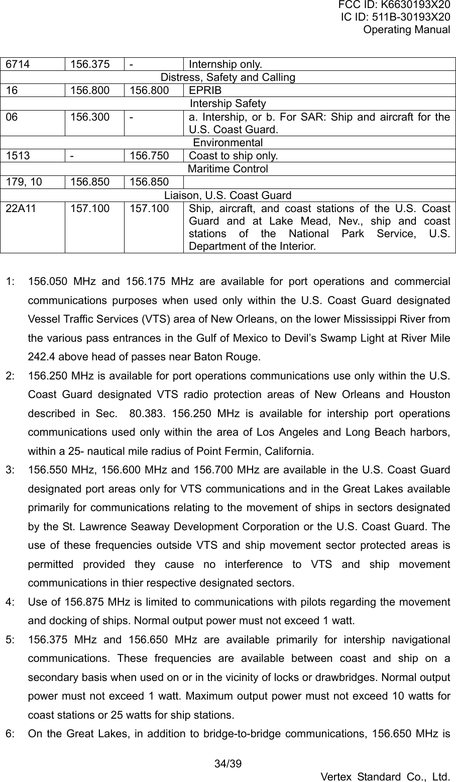 FCC ID: K6630193X20 IC ID: 511B-30193X20 Operating Manual 34/39 Vertex Standard Co., Ltd. 6714 156.375 -  Internship only. Distress, Safety and Calling 16 156.800 156.800 EPRIB Intership Safety 06  156.300  -  a. Intership, or b. For SAR: Ship and aircraft for the U.S. Coast Guard. Environmental 1513  -  156.750  Coast to ship only. Maritime Control 179, 10  156.850  156.850   Liaison, U.S. Coast Guard 22A11  157.100  157.100  Ship, aircraft, and coast stations of the U.S. Coast Guard and at Lake Mead, Nev., ship and coast stations of the National Park Service, U.S. Department of the Interior.  1:  156.050 MHz and 156.175 MHz are available for port operations and commercial communications purposes when used only within the U.S. Coast Guard designated Vessel Traffic Services (VTS) area of New Orleans, on the lower Mississippi River from the various pass entrances in the Gulf of Mexico to Devil’s Swamp Light at River Mile 242.4 above head of passes near Baton Rouge. 2:  156.250 MHz is available for port operations communications use only within the U.S. Coast Guard designated VTS radio protection areas of New Orleans and Houston described in Sec.  80.383. 156.250 MHz is available for intership port operations communications used only within the area of Los Angeles and Long Beach harbors, within a 25- nautical mile radius of Point Fermin, California. 3:  156.550 MHz, 156.600 MHz and 156.700 MHz are available in the U.S. Coast Guard designated port areas only for VTS communications and in the Great Lakes available primarily for communications relating to the movement of ships in sectors designated by the St. Lawrence Seaway Development Corporation or the U.S. Coast Guard. The use of these frequencies outside VTS and ship movement sector protected areas is permitted provided they cause no interference to VTS and ship movement communications in thier respective designated sectors. 4:  Use of 156.875 MHz is limited to communications with pilots regarding the movement and docking of ships. Normal output power must not exceed 1 watt. 5:  156.375 MHz and 156.650 MHz are available primarily for intership navigational communications. These frequencies are available between coast and ship on a secondary basis when used on or in the vicinity of locks or drawbridges. Normal output power must not exceed 1 watt. Maximum output power must not exceed 10 watts for coast stations or 25 watts for ship stations. 6:  On the Great Lakes, in addition to bridge-to-bridge communications, 156.650 MHz is 