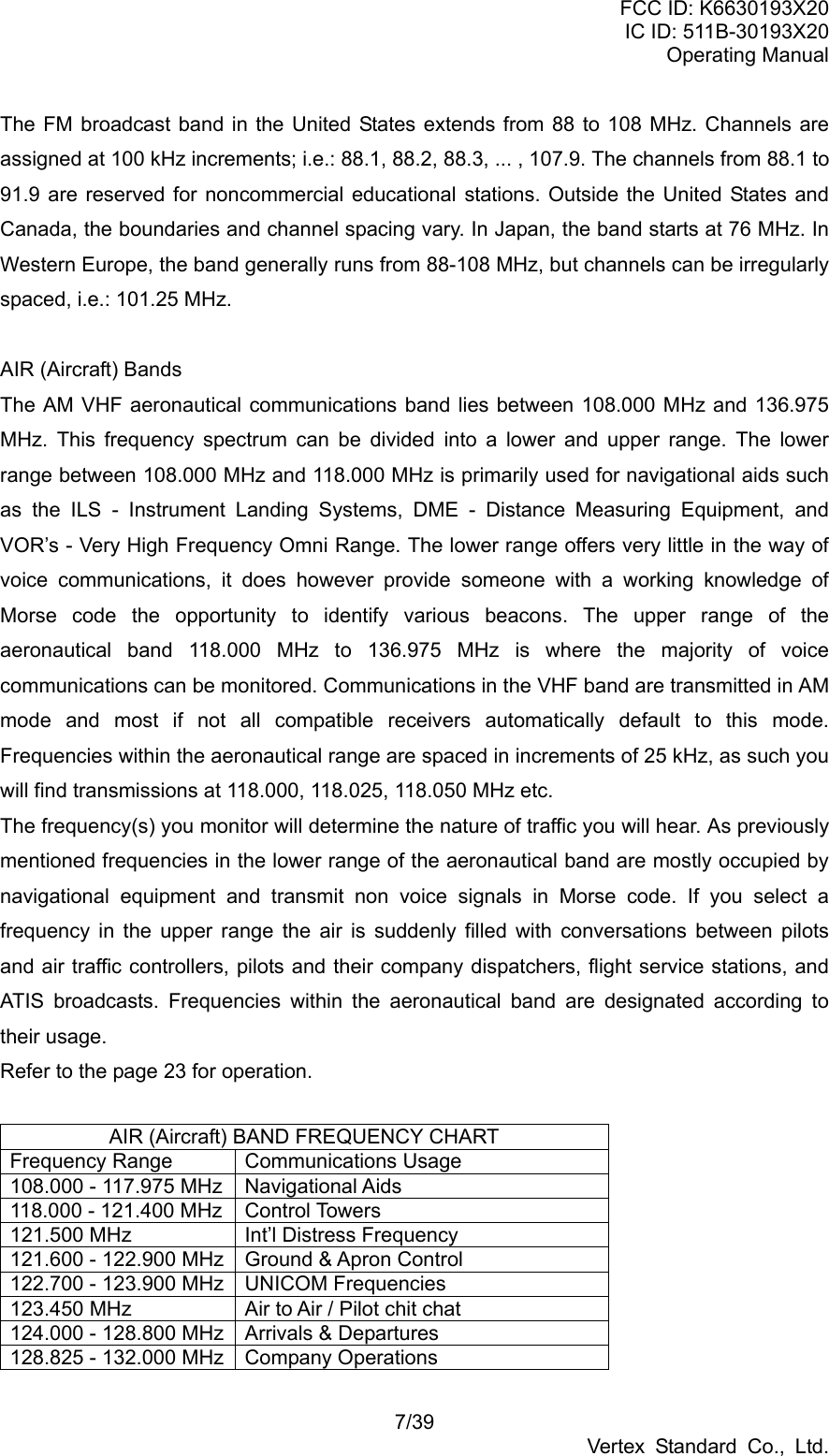 FCC ID: K6630193X20 IC ID: 511B-30193X20 Operating Manual 7/39 Vertex Standard Co., Ltd. The FM broadcast band in the United States extends from 88 to 108 MHz. Channels are assigned at 100 kHz increments; i.e.: 88.1, 88.2, 88.3, ... , 107.9. The channels from 88.1 to 91.9 are reserved for noncommercial educational stations. Outside the United States and Canada, the boundaries and channel spacing vary. In Japan, the band starts at 76 MHz. In Western Europe, the band generally runs from 88-108 MHz, but channels can be irregularly spaced, i.e.: 101.25 MHz.  AIR (Aircraft) Bands The AM VHF aeronautical communications band lies between 108.000 MHz and 136.975 MHz. This frequency spectrum can be divided into a lower and upper range. The lower range between 108.000 MHz and 118.000 MHz is primarily used for navigational aids such as the ILS - Instrument Landing Systems, DME - Distance Measuring Equipment, and VOR’s - Very High Frequency Omni Range. The lower range offers very little in the way of voice communications, it does however provide someone with a working knowledge of Morse code the opportunity to identify various beacons. The upper range of the aeronautical band 118.000 MHz to 136.975 MHz is where the majority of voice communications can be monitored. Communications in the VHF band are transmitted in AM mode and most if not all compatible receivers automatically default to this mode. Frequencies within the aeronautical range are spaced in increments of 25 kHz, as such you will find transmissions at 118.000, 118.025, 118.050 MHz etc. The frequency(s) you monitor will determine the nature of traffic you will hear. As previously mentioned frequencies in the lower range of the aeronautical band are mostly occupied by navigational equipment and transmit non voice signals in Morse code. If you select a frequency in the upper range the air is suddenly filled with conversations between pilots and air traffic controllers, pilots and their company dispatchers, flight service stations, and ATIS broadcasts. Frequencies within the aeronautical band are designated according to their usage. Refer to the page 23 for operation.  AIR (Aircraft) BAND FREQUENCY CHART Frequency Range  Communications Usage 108.000 - 117.975 MHz  Navigational Aids 118.000 - 121.400 MHz  Control Towers 121.500 MHz  Int’l Distress Frequency 121.600 - 122.900 MHz  Ground &amp; Apron Control 122.700 - 123.900 MHz  UNICOM Frequencies 123.450 MHz  Air to Air / Pilot chit chat 124.000 - 128.800 MHz  Arrivals &amp; Departures 128.825 - 132.000 MHz  Company Operations 