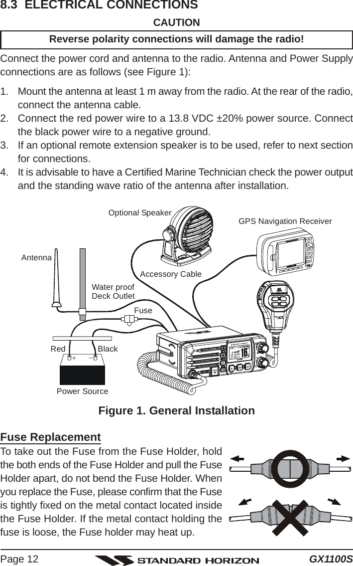 GX1100SPage 128.3  ELECTRICAL CONNECTIONSCAUTIONReverse polarity connections will damage the radio!Connect the power cord and antenna to the radio. Antenna and Power Supplyconnections are as follows (see Figure 1):1. Mount the antenna at least 1 m away from the radio. At the rear of the radio,connect the antenna cable.2. Connect the red power wire to a 13.8 VDC ±20% power source. Connectthe black power wire to a negative ground.3. If an optional remote extension speaker is to be used, refer to next sectionfor connections.4. It is advisable to have a Certified Marine Technician check the power outputand the standing wave ratio of the antenna after installation.Figure 1. General InstallationFuse ReplacementTo take out the Fuse from the Fuse Holder, holdthe both ends of the Fuse Holder and pull the FuseHolder apart, do not bend the Fuse Holder. Whenyou replace the Fuse, please confirm that the Fuseis tightly fixed on the metal contact located insidethe Fuse Holder. If the metal contact holding thefuse is loose, the Fuse holder may heat up.GPS Navigation ReceiverAccessory CableOptional SpeakerAntennaFuseRedPower SourceBlackWater proofDeck Outlet