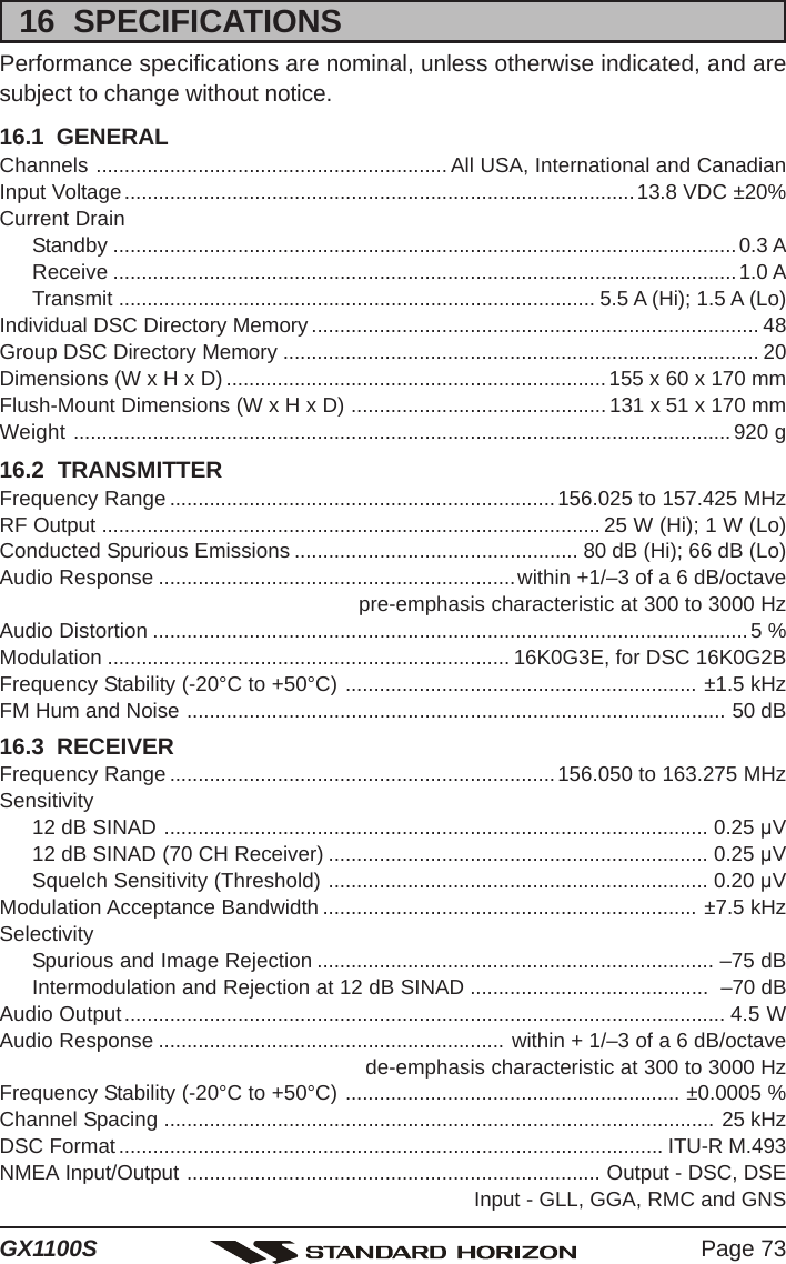 Page 73GX1100S16  SPECIFICATIONSPerformance specifications are nominal, unless otherwise indicated, and aresubject to change without notice.16.1  GENERALChannels .............................................................. All USA, International and CanadianInput Voltage..........................................................................................13.8 VDC ±20%Current DrainStandby ..............................................................................................................0.3 AReceive ..............................................................................................................1.0 ATransmit .................................................................................... 5.5 A (Hi); 1.5 A (Lo)Individual DSC Directory Memory............................................................................... 48Group DSC Directory Memory .................................................................................... 20Dimensions (W x H x D) ................................................................... 155 x 60 x 170 mmFlush-Mount Dimensions (W x H x D) ............................................. 131 x 51 x 170 mmWeight ....................................................................................................................920 g16.2  TRANSMITTERFrequency Range ....................................................................156.025 to 157.425 MHzRF Output ........................................................................................ 25 W (Hi); 1 W (Lo)Conducted Spurious Emissions .................................................. 80 dB (Hi); 66 dB (Lo)Audio Response ...............................................................within +1/–3 of a 6 dB/octavepre-emphasis characteristic at 300 to 3000 HzAudio Distortion ......................................................................................................... 5 %Modulation ....................................................................... 16K0G3E, for DSC 16K0G2BFrequency Stability (-20°C to +50°C) .............................................................. ±1.5 kHzFM Hum and Noise ............................................................................................... 50 dB16.3  RECEIVERFrequency Range ....................................................................156.050 to 163.275 MHzSensitivity12 dB SINAD ................................................................................................ 0.25 μV12 dB SINAD (70 CH Receiver) ................................................................... 0.25 μVSquelch Sensitivity (Threshold) ................................................................... 0.20 μVModulation Acceptance Bandwidth .................................................................. ±7.5 kHzSelectivitySpurious and Image Rejection ...................................................................... –75 dBIntermodulation and Rejection at 12 dB SINAD ..........................................  –70 dBAudio Output.......................................................................................................... 4.5 WAudio Response ............................................................. within + 1/–3 of a 6 dB/octavede-emphasis characteristic at 300 to 3000 HzFrequency Stability (-20°C to +50°C) ........................................................... ±0.0005 %Channel Spacing ................................................................................................. 25 kHzDSC Format................................................................................................ ITU-R M.493NMEA Input/Output ......................................................................... Output - DSC, DSEInput - GLL, GGA, RMC and GNS