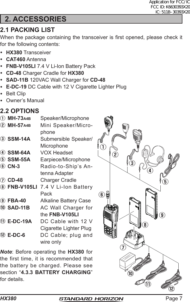 Page 7HX3802. ACCESSORIES2.1 PACKING LISTWhen the package containing the transceiver is rst opened, please check it for the following contents: HX380 Transceiver CAT460 Antenna FNB-V105LI 7.4 V Li-Ion Battery Pack CD-48 Charger Cradle for HX380 SAD-11B 120VAC Wall Charger for CD-48 E-DC-19 DC Cable with 12 V Cigarette Lighter Plug  Belt Clip  Owner’s Manual2.2 OPTIONS① MH-73A4B Speaker/Microphone② MH-57A4B  Mini Speaker/Micro-phone③ SSM-14A  Submersible Speaker/Microphone④ SSM-64A  VOX Headset⑤ SSM-55A Earpiece/Microphone⑥ CN-3  Radio-to-Ship’s An-tenna Adapter⑦ CD-48  Charger Cradle⑧ FNB-V105LI  7.4 V Li-Ion Battery Pack⑨ FBA-40  Alkaline Battery Case⑩ SAD-11B  AC Wall Charger for the FNB-V105LI⑪ E-DC-19A  DC Cable with 12 V Cigarette Lighter Plug⑫ E-DC-6  DC Cable; plug and wire onlyNote: Before operating the HX380 for the first time, it is recommended that the battery be charged. Please see section “4.3.3 BATTERY CHARGING” for details. ⑪①②③④⑤⑥⑦⑧⑨⑩⑫Application for FCC/IC FCC ID: K6630393X20 IC: 511B-30393X20