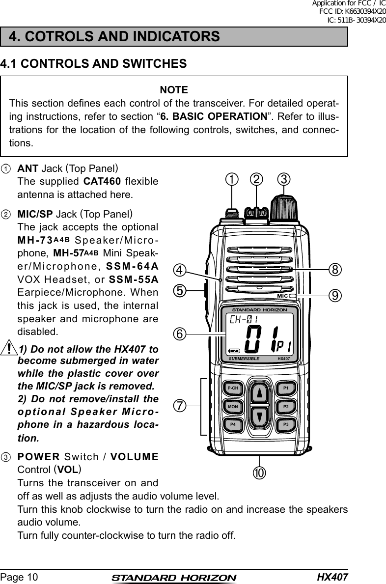 HX407Page 10P-CHMONP4 P3P2P1HX407  4. COTROLS AND INDICATORS4.1 CONTROLS AND SWITCHESNOTEThis section denes each control of the transceiver. For detailed operat-ing instructions, refer to section “6. BASIC OPERATION”. Refer to illus-trations for the location of the following controls, switches, and connec-tions. ANT Jack (Top Panel)  The supplied CAT460 flexible antenna is attached here. MIC/SP Jack (Top Panel)  The jack accepts the optional MH-73A4B Speaker/Micro-phone,  MH-57A4B Mini Speak-er/Microphone,  SSM-64A VOX Headset, or SSM-55A Earpiece/Microphone. When this jack is used, the internal speaker and microphone are disabled.1) Do not allow the HX407 to become submerged in water while the plastic cover over the MIC/SP jack is removed.  2) Do not remove/install the optional Speaker Micro-phone in a hazardous loca-tion. POWER Switch / VOLUME Control (VOL)  Turns the transceiver on and off as well as adjusts the audio volume level.  Turn this knob clockwise to turn the radio on and increase the speakers audio volume.  Turn fully counter-clockwise to turn the radio off.Application for FCC / IC FCC ID: K6630394X20 IC: 511B-30394X20