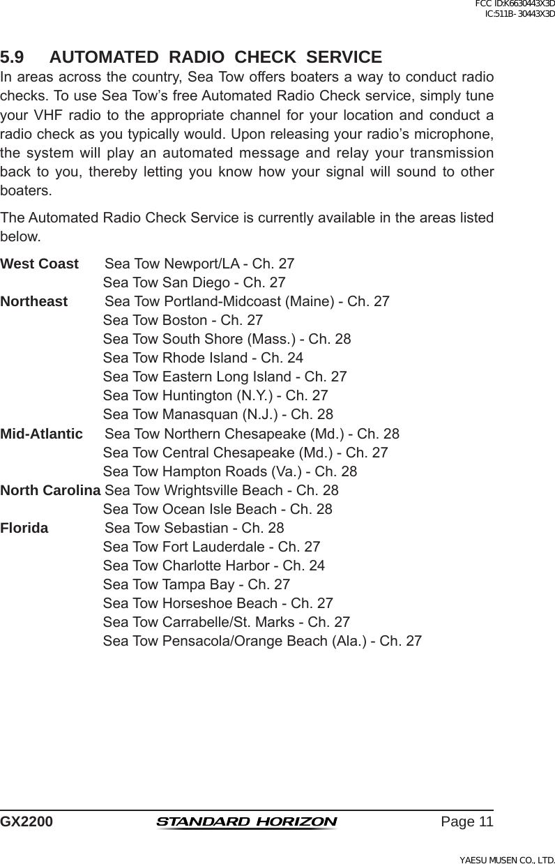 Page 11 of Yaesu Musen 30443X3D MOBILE MARINE TRANSCEIVER User Manual GX2200 Operating Manual