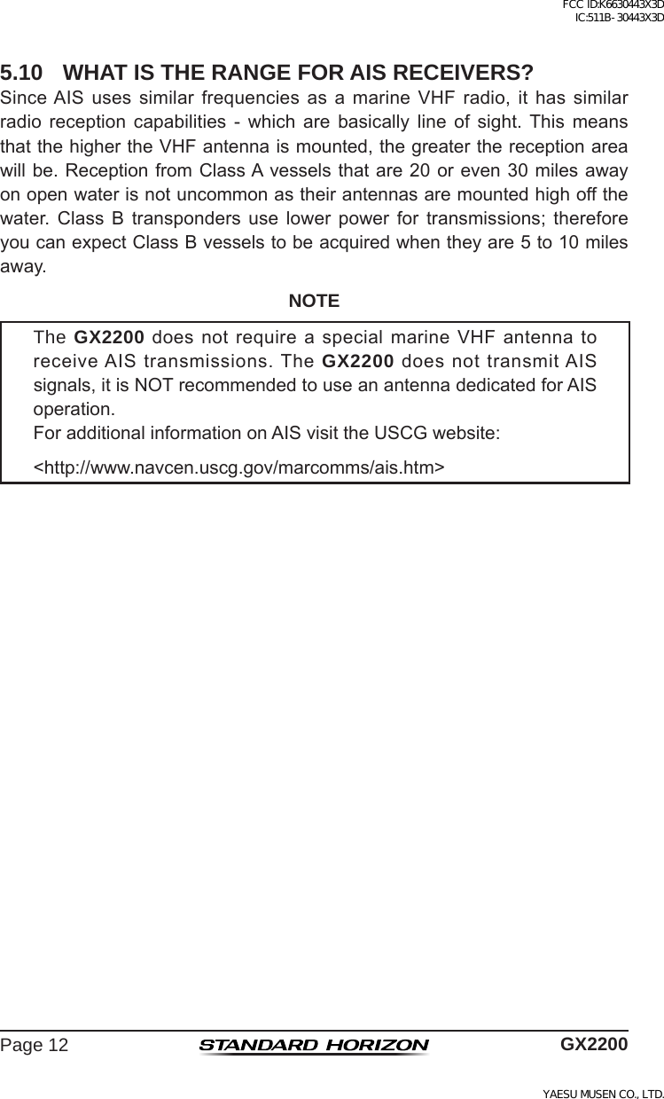 Page 12 of Yaesu Musen 30443X3D MOBILE MARINE TRANSCEIVER User Manual GX2200 Operating Manual