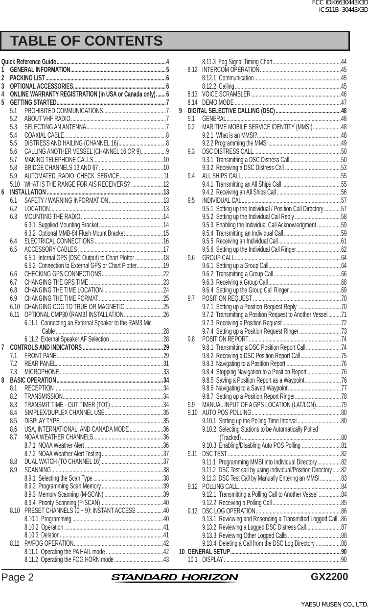 Page 2 of Yaesu Musen 30443X3D MOBILE MARINE TRANSCEIVER User Manual GX2200 Operating Manual