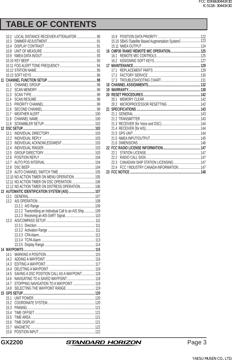 Page 3 of Yaesu Musen 30443X3D MOBILE MARINE TRANSCEIVER User Manual GX2200 Operating Manual