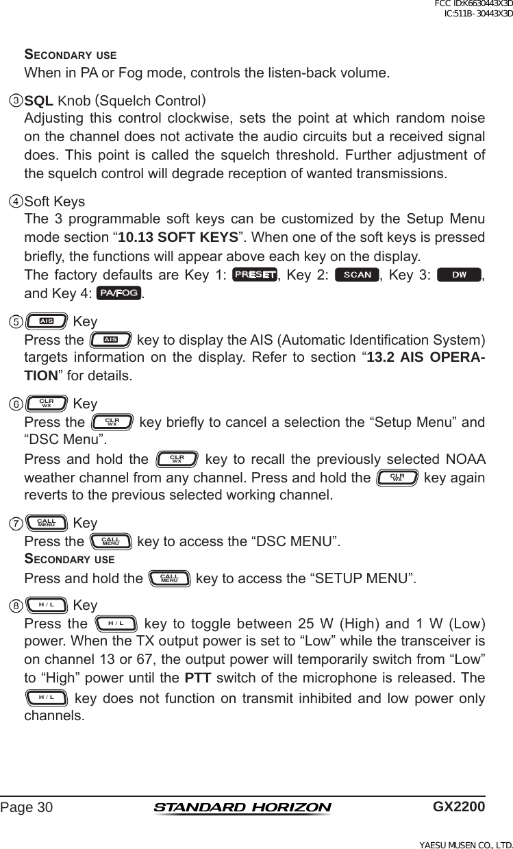 Page 30 of Yaesu Musen 30443X3D MOBILE MARINE TRANSCEIVER User Manual GX2200 Operating Manual