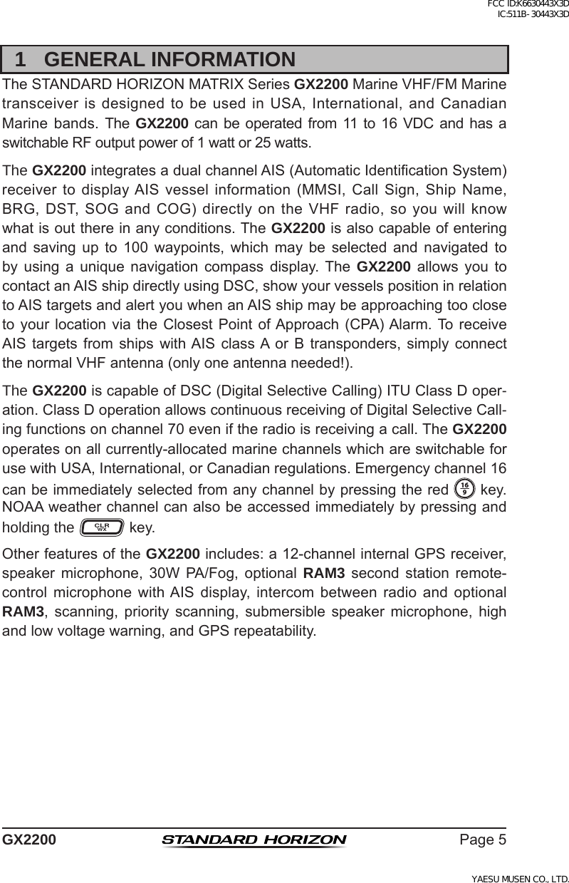 Page 5 of Yaesu Musen 30443X3D MOBILE MARINE TRANSCEIVER User Manual GX2200 Operating Manual