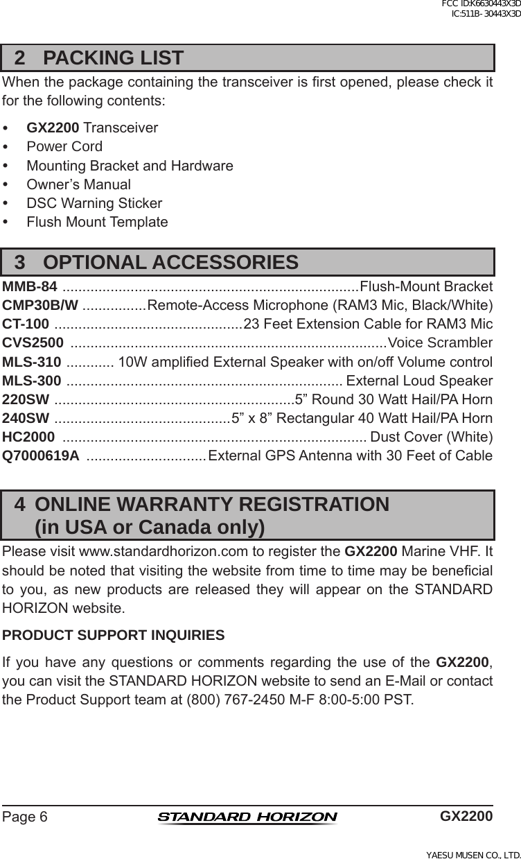 Page 6 of Yaesu Musen 30443X3D MOBILE MARINE TRANSCEIVER User Manual GX2200 Operating Manual