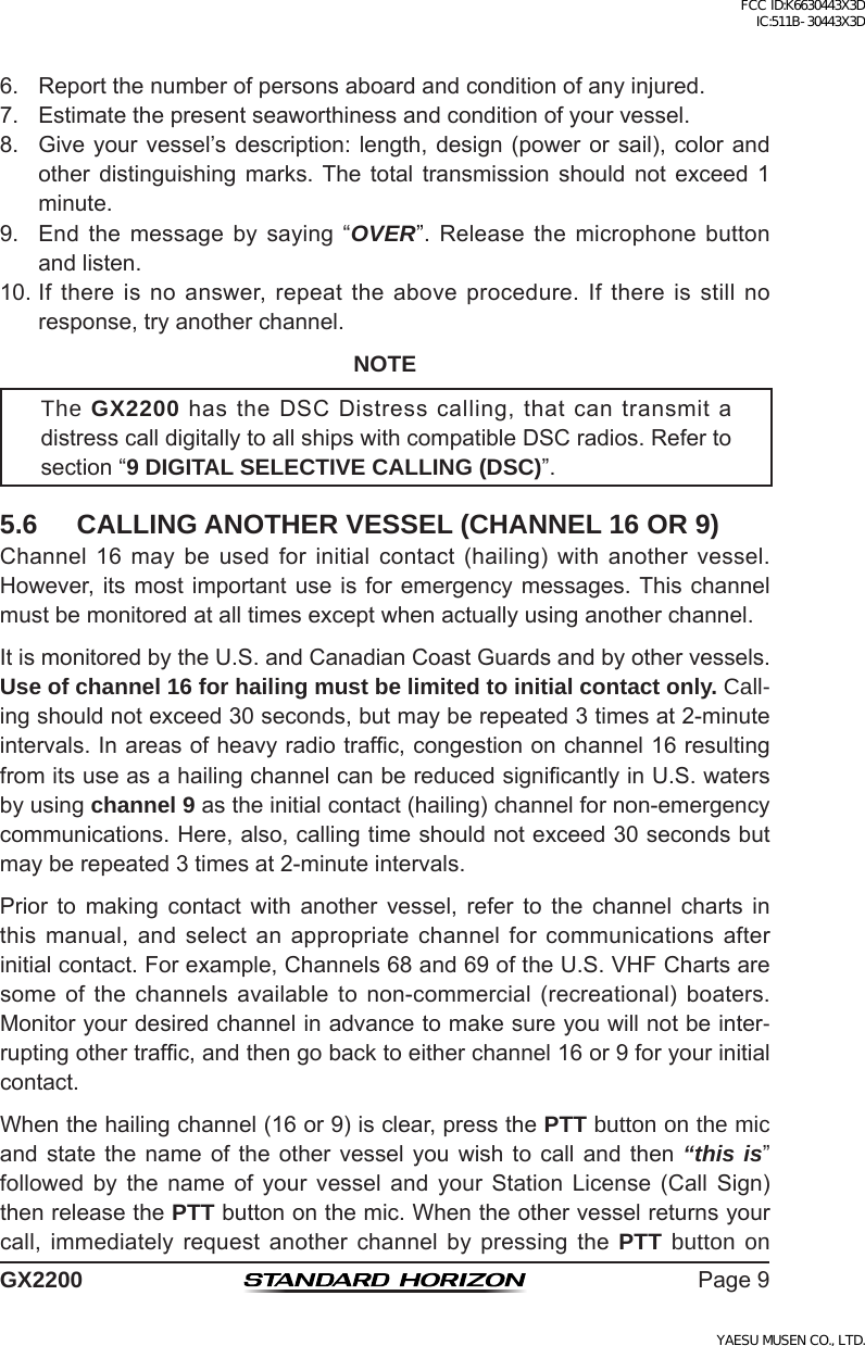 Page 9 of Yaesu Musen 30443X3D MOBILE MARINE TRANSCEIVER User Manual GX2200 Operating Manual