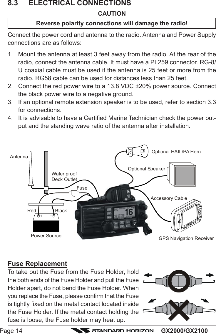 GX2000/GX2100Page 148.3 ELECTRICAL CONNECTIONSCAUTIONReverse polarity connections will damage the radio!Connect the power cord and antenna to the radio. Antenna and Power Supplyconnections are as follows:1. Mount the antenna at least 3 feet away from the radio. At the rear of theradio, connect the antenna cable. It must have a PL259 connector. RG-8/U coaxial cable must be used if the antenna is 25 feet or more from theradio. RG58 cable can be used for distances less than 25 feet.2. Connect the red power wire to a 13.8 VDC ±20% power source. Connectthe black power wire to a negative ground.3. If an optional remote extension speaker is to be used, refer to section 3.3for connections.4. It is advisable to have a Certified Marine Technician check the power out-put and the standing wave ratio of the antenna after installation.GPS Navigation ReceiverAccessory CableOptional SpeakerAntennaFuseRedPower SourceBlackWater proofDeck OutletOptional HAIL/PA HornFuse ReplacementTo take out the Fuse from the Fuse Holder, holdthe both ends of the Fuse Holder and pull the FuseHolder apart, do not bend the Fuse Holder. Whenyou replace the Fuse, please confirm that the Fuseis tightly fixed on the metal contact located insidethe Fuse Holder. If the metal contact holding thefuse is loose, the Fuse holder may heat up.