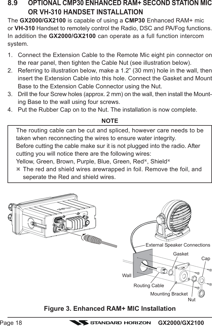 GX2000/GX2100Page 188.9OPTIONAL CMP30 ENHANCED RAM+ SECOND STATION MICOR VH-310 HANDSET INSTALLATIONThe GX2000/GX2100 is capable of using a CMP30 Enhanced RAM+ micor VH-310 Handset to remotely control the Radio, DSC and PA/Fog functions.In addition the GX2000/GX2100 can operate as a full function intercomsystem.1. Connect the Extension Cable to the Remote Mic eight pin connector onthe rear panel, then tighten the Cable Nut (see illustration below).2. Referring to illustration below, make a 1.2” (30 mm) hole in the wall, theninsert the Extension Cable into this hole. Connect the Gasket and MountBase to the Extension Cable Connector using the Nut.3. Drill the four Screw holes (approx. 2 mm) on the wall, then install the Mount-ing Base to the wall using four screws.4. Put the Rubber Cap on to the Nut. The installation is now complete.NOTEThe routing cable can be cut and spliced, however care needs to betaken when reconnecting the wires to ensure water integrity.Before cutting the cable make sur it is not plugged into the radio. Aftercutting you will notice there are the following wires:Yellow, Green, Brown, Purple, Blue, Green, RedÚ, ShieldÚÚThe red and shield wires arewrapped in foil. Remove the foil, andseperate the Red and shield wires.Figure 3. Enhanced RAM+ MIC InstallationWallGasketMounting BracketRouting CableCapNutExternal Speaker Connections