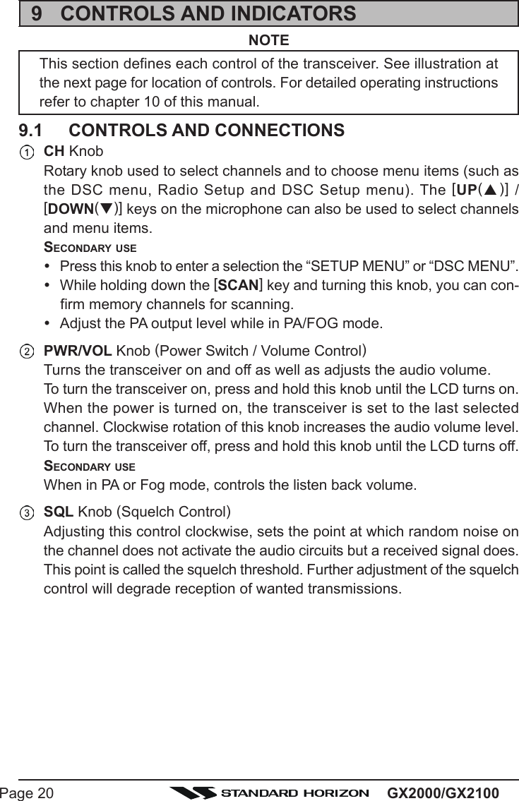 GX2000/GX2100Page 209 CONTROLS AND INDICATORSNOTEThis section defines each control of the transceiver. See illustration atthe next page for location of controls. For detailed operating instructionsrefer to chapter 10 of this manual.9.1 CONTROLS AND CONNECTIONSCH KnobRotary knob used to select channels and to choose menu items (such asthe DSC menu, Radio Setup and DSC Setup menu). The [UP(S)] /[DOWN(T)] keys on the microphone can also be used to select channelsand menu items.SECONDARY USEyPress this knob to enter a selection the “SETUP MENU” or “DSC MENU”.yWhile holding down the [SCAN] key and turning this knob, you can con-firm memory channels for scanning.yAdjust the PA output level while in PA/FOG mode.PWR/VOL Knob (Power Switch / Volume Control)Turns the transceiver on and off as well as adjusts the audio volume.To turn the transceiver on, press and hold this knob until the LCD turns on.When the power is turned on, the transceiver is set to the last selectedchannel. Clockwise rotation of this knob increases the audio volume level.To turn the transceiver off, press and hold this knob until the LCD turns off.SECONDARY USEWhen in PA or Fog mode, controls the listen back volume.SQL Knob (Squelch Control)Adjusting this control clockwise, sets the point at which random noise onthe channel does not activate the audio circuits but a received signal does.This point is called the squelch threshold. Further adjustment of the squelchcontrol will degrade reception of wanted transmissions.