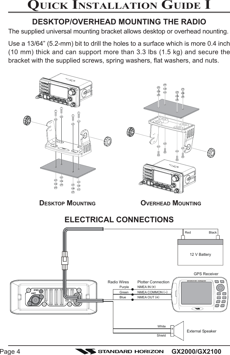 GX2000/GX2100Page 4QUICK INSTALLATION GUIDE IDESKTOP MOUNTING OVERHEAD MOUNTINGDESKTOP/OVERHEAD MOUNTING THE RADIOThe supplied universal mounting bracket allows desktop or overhead nounting.Use a 13/64” (5.2-mm) bit to drill the holes to a surface which is more 0.4 inch(10 mm) thick and can support more than 3.3 lbs (1.5 kg) and secure thebracket with the supplied screws, spring washers, flat washers, and nuts.ELECTRICAL CONNECTIONSGPS ReceiverPlotter ConnectionRadio WiresExternal SpeakerGreenPurpleRed BlackNMEA OUTNMEA COMMONNMEA IN(  )(  )(  )BlueShieldWhite12 V Battery