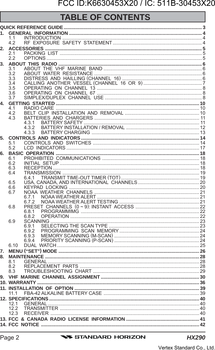 HX290Page 2TABLE OF CONTENTSQUICK REFERENCE GUIDE........................................................................................................ 31. GENERAL  INFORMATION .................................................................................................... 41.1 INTRODUCTION ......................................................................................................... 44.2 RF  EXPOSURE  SAFETY  STATEMENT ................................................................... 42. ACCESSORIES ...................................................................................................................... 52.1 PACKING  LIST ........................................................................................................... 52.2 OPTIONS ..................................................................................................................... 53. ABOUT  THIS  RADIO ............................................................................................................63.1 ABOUT  THE  VHF  MARINE  BAND .......................................................................... 63.2 ABOUT  WATER  RESISTANCE ................................................................................. 63.3 DISTRESS  AND  HAILLING (CHANNEL  16)............................................................ 63.4 CALLING  ANOTHER  VESSEL (CHANNEL  16  OR  9)............................................ 73.5 OPERATING  ON  CHANNEL  13 ............................................................................... 83.6 OPERATING  ON  CHANNEL  67 ............................................................................... 83.7 SIMPLEX/DUPLEX  CHANNEL  USE ......................................................................... 84. GETTING  STARTED ............................................................................................................ 104.1 RADIO CARE ............................................................................................................ 104.2 BELT  CLIP  INSTALLATION  AND  REMOVAL ........................................................ 104.3 BATTERIES  AND  CHARGERS ............................................................................... 114.3.1 BATTERY SAFETY ....................................................................................... 114.3.2 BATTERY INSTALLATION / REMOVAL ....................................................... 124.3.3 BATTERY CHARGING ................................................................................. 135. CONTROLS  AND  INDICATORS......................................................................................... 145.1 CONTROLS  AND  SWITCHES ................................................................................ 145.2 LCD  INDICATORS .................................................................................................... 176. BASIC  OPERATION ............................................................................................................ 186.1 PROHIBITED  COMMUNICATIONS ......................................................................... 186.2 INITIAL  SETUP ......................................................................................................... 186.3 RECEPTION .............................................................................................................. 186.4 TRANSMISSION ....................................................................................................... 196.4.1 TRANSMIT TIME-OUT TIMER (TOT)........................................................... 196.5 USA, CANADA, AND INTERNATIONAL  CHANNELS .............................................. 206.6 KEYPAD  LOCKING .................................................................................................. 206.7 NOAA  WEATHER  CHANNELS ............................................................................... 216.7.1 NOAA WEATHER ALERT ............................................................................. 216.7.2 NOAA WEATHER ALERT TESTING ............................................................ 216.8 PRESET  CHANNELS  (0 ~ 9): INSTANT  ACCESS ................................................ 226.8.1 PROGRAMMIMG ......................................................................................... 226.8.2 OPERATION ................................................................................................. 226.9 SCANNING ................................................................................................................ 236.9.1 SELECTING THE SCAN TYPE .................................................................... 236.9.2 PROGRAMMING  SCAN  MEMORY ............................................................ 246.9.3 MEMORY SCANNING (M-SCAN)................................................................ 246.9.4 PRIORITY SCANNING (P-SCAN)................................................................ 246.10 DUAL  WATCH ........................................................................................................... 257. MENU (“SET”) MODE .......................................................................................................... 268. MAINTENANCE ....................................................................................................................288.1 GENERAL .................................................................................................................. 288.2 REPLACEMENT  PARTS .......................................................................................... 288.3 TROUBLESHOOTING  CHART ................................................................................ 299. VHF  MARINE  CHANNEL  ASSIGNMENT .......................................................................... 3010. WARRANTY ..........................................................................................................................3611. INSTALLATION  OF  OPTION ..............................................................................................3911.1 FBA-42 ALKALINE BATTERY CASE ........................................................................ 3912. SPECIFICATIONS ................................................................................................................. 4012.1 GENERAL .................................................................................................................. 4012.2 TRANSMITTER ......................................................................................................... 4012.3 RECEIVER ................................................................................................................ 4013. FCC  &amp;  CANADA  RADIO  LICENSE  INFORMATION .......................................................4114. FCC  NOTICE .......................................................................................................................42FCC ID:K6630453X20 / IC: 511B-30453X20Vertex Standard Co., Ltd.