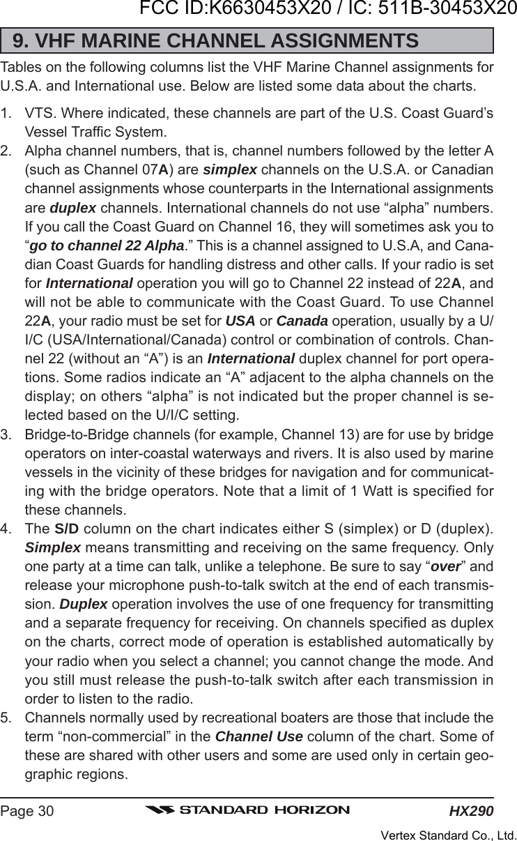 HX290Page 309. VHF MARINE CHANNEL ASSIGNMENTSTables on the following columns list the VHF Marine Channel assignments forU.S.A. and International use. Below are listed some data about the charts.1. VTS. Where indicated, these channels are part of the U.S. Coast Guard’sVessel Traffic System.2. Alpha channel numbers, that is, channel numbers followed by the letter A(such as Channel 07A) are simplex channels on the U.S.A. or Canadianchannel assignments whose counterparts in the International assignmentsare duplex channels. International channels do not use “alpha” numbers.If you call the Coast Guard on Channel 16, they will sometimes ask you to“go to channel 22 Alpha.” This is a channel assigned to U.S.A, and Cana-dian Coast Guards for handling distress and other calls. If your radio is setfor International operation you will go to Channel 22 instead of 22A, andwill not be able to communicate with the Coast Guard. To use Channel22A, your radio must be set for USA or Canada operation, usually by a U/I/C (USA/International/Canada) control or combination of controls. Chan-nel 22 (without an “A”) is an International duplex channel for port opera-tions. Some radios indicate an “A” adjacent to the alpha channels on thedisplay; on others “alpha” is not indicated but the proper channel is se-lected based on the U/I/C setting.3. Bridge-to-Bridge channels (for example, Channel 13) are for use by bridgeoperators on inter-coastal waterways and rivers. It is also used by marinevessels in the vicinity of these bridges for navigation and for communicat-ing with the bridge operators. Note that a limit of 1 Watt is specified forthese channels.4. The S/D column on the chart indicates either S (simplex) or D (duplex).Simplex means transmitting and receiving on the same frequency. Onlyone party at a time can talk, unlike a telephone. Be sure to say “over” andrelease your microphone push-to-talk switch at the end of each transmis-sion. Duplex operation involves the use of one frequency for transmittingand a separate frequency for receiving. On channels specified as duplexon the charts, correct mode of operation is established automatically byyour radio when you select a channel; you cannot change the mode. Andyou still must release the push-to-talk switch after each transmission inorder to listen to the radio.5. Channels normally used by recreational boaters are those that include theterm “non-commercial” in the Channel Use column of the chart. Some ofthese are shared with other users and some are used only in certain geo-graphic regions.FCC ID:K6630453X20 / IC: 511B-30453X20Vertex Standard Co., Ltd.