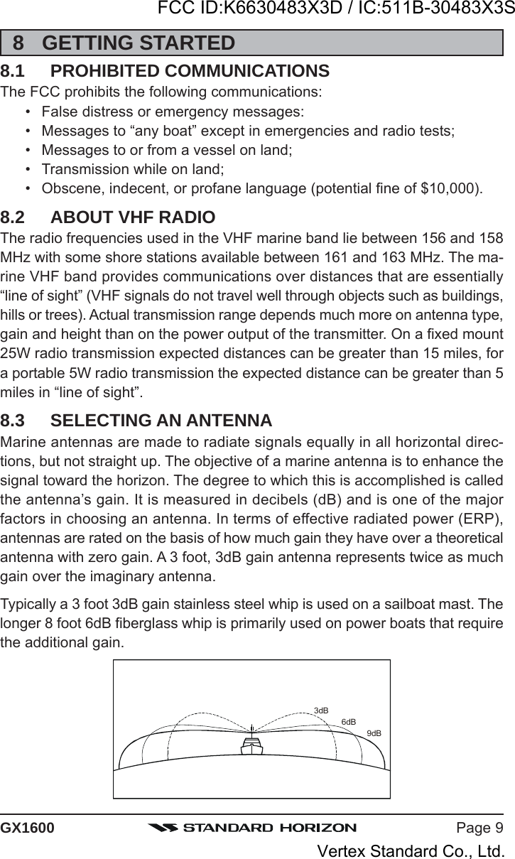 Page 9GX16008 GETTING STARTED8.1 PROHIBITED COMMUNICATIONSThe FCC prohibits the following communications:• False distress or emergency messages:• Messages to “any boat” except in emergencies and radio tests;• Messages to or from a vessel on land;• Transmission while on land;• Obscene, indecent, or profane language (potential fine of $10,000).8.2 ABOUT VHF RADIOThe radio frequencies used in the VHF marine band lie between 156 and 158MHz with some shore stations available between 161 and 163 MHz. The ma-rine VHF band provides communications over distances that are essentially“line of sight” (VHF signals do not travel well through objects such as buildings,hills or trees). Actual transmission range depends much more on antenna type,gain and height than on the power output of the transmitter. On a fixed mount25W radio transmission expected distances can be greater than 15 miles, fora portable 5W radio transmission the expected distance can be greater than 5miles in “line of sight”.8.3 SELECTING AN ANTENNAMarine antennas are made to radiate signals equally in all horizontal direc-tions, but not straight up. The objective of a marine antenna is to enhance thesignal toward the horizon. The degree to which this is accomplished is calledthe antenna’s gain. It is measured in decibels (dB) and is one of the majorfactors in choosing an antenna. In terms of effective radiated power (ERP),antennas are rated on the basis of how much gain they have over a theoreticalantenna with zero gain. A 3 foot, 3dB gain antenna represents twice as muchgain over the imaginary antenna.Typically a 3 foot 3dB gain stainless steel whip is used on a sailboat mast. Thelonger 8 foot 6dB fiberglass whip is primarily used on power boats that requirethe additional gain.3dB6dB9dBFCC ID:K6630483X3D / IC:511B-30483X3SVertex Standard Co., Ltd.