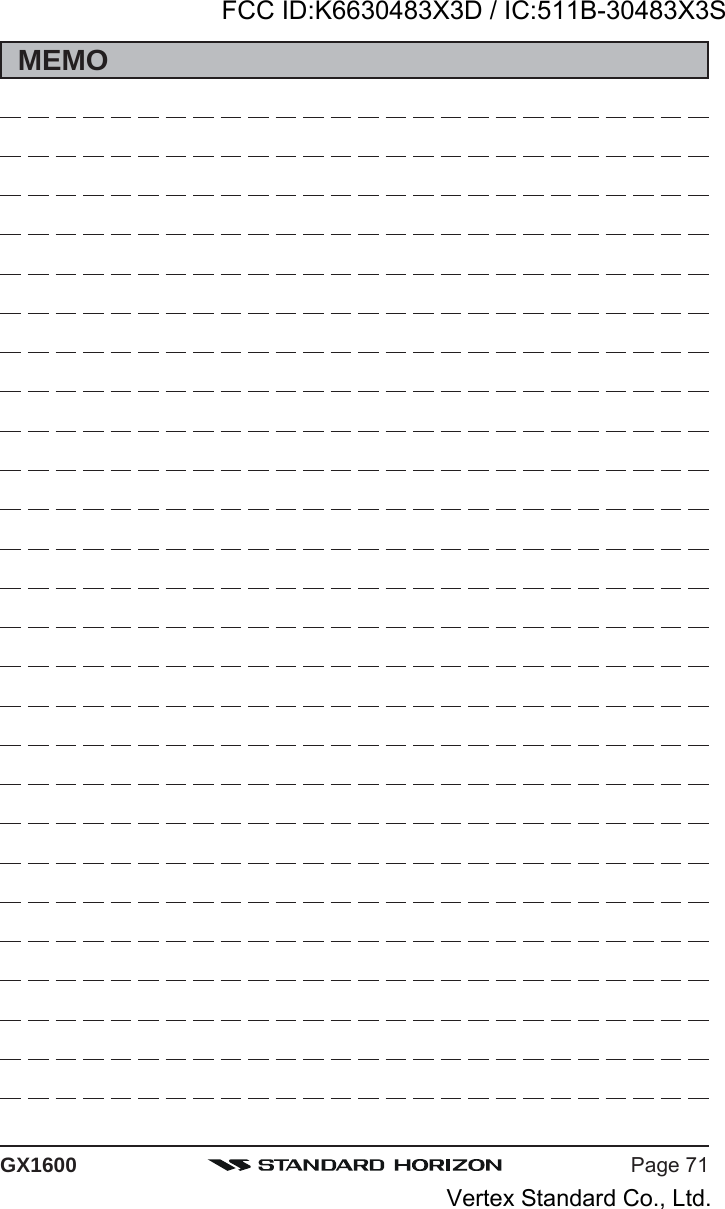 Page 71GX1600MEMOFCC ID:K6630483X3D / IC:511B-30483X3SVertex Standard Co., Ltd.