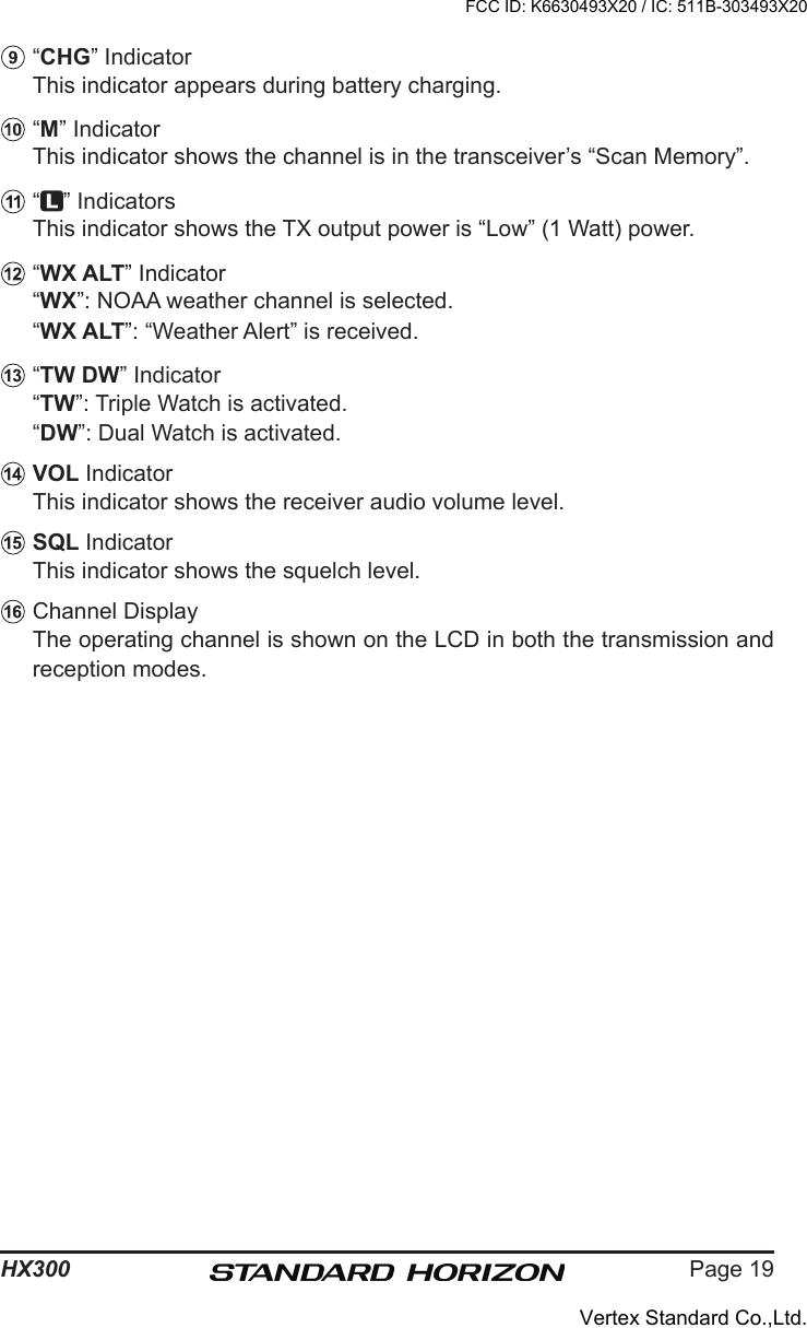 Page 19HX300 “CHG” Indicator  This indicator appears during battery charging. “M” Indicator  This indicator shows the channel is in the transceiver’s “Scan Memory”. “ ” Indicators  This indicator shows the TX output power is “Low” (1 Watt) power.  “WX ALT” Indicator“WX”: NOAA weather channel is selected.“WX ALT”: “Weather Alert” is received. “TW DW” Indicator  “TW”: Triple Watch is activated.  “DW”: Dual Watch is activated. VOL Indicator  This indicator shows the receiver audio volume level. SQL Indicator  This indicator shows the squelch level. Channel Display  The operating channel is shown on the LCD in both the transmission and reception modes.FCC ID: K6630493X20 / IC: 511B-303493X20Vertex Standard Co.,Ltd.