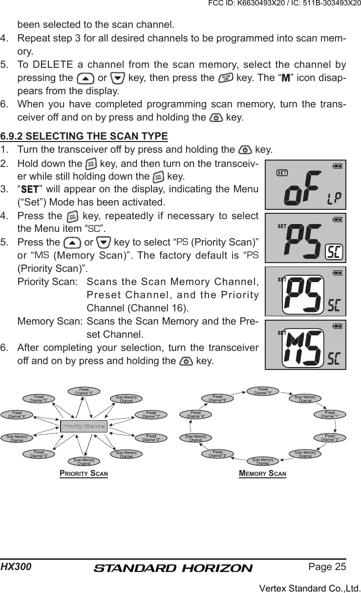 Page 25HX300been selected to the scan channel.4.  Repeat step 3 for all desired channels to be programmed into scan mem-ory.5.  To DELETE a channel from the scan memory, select the channel by pressing the   or   key, then press the   key. The “ ” icon disap-pears from the display.6.  When  you  have  completed  programming  scan  memory,  turn  the  trans-ceiver off and on by press and holding the   key.6.9.2 SELECTING THE SCAN TYPE1.  Turn the transceiver off by press and holding the   key.2.  Hold down the   key, and then turn on the transceiv-er while still holding down the   key.3.  “ ” will appear on the display, indicating the Menu (“Set”) Mode has been activated.4.  Press  the    key, repeatedly  if  necessary  to  select the Menu item “SC”.5.  Press the   or   key to select “PS (Priority Scan)” or  “MS  (Memory Scan)”. The factory default is “PS (Priority Scan)”.Priority Scan:  Scans  the  Scan  Memory  Channel, Preset Channel, and the Priority Channel (Channel 16).Memory Scan: Scans the Scan Memory and the Pre-set Channel.6.  After  completing  your  selection,  turn  the  transceiver off and on by press and holding the   key.MeMory ScanPriority ScanFCC ID: K6630493X20 / IC: 511B-303493X20Vertex Standard Co.,Ltd.