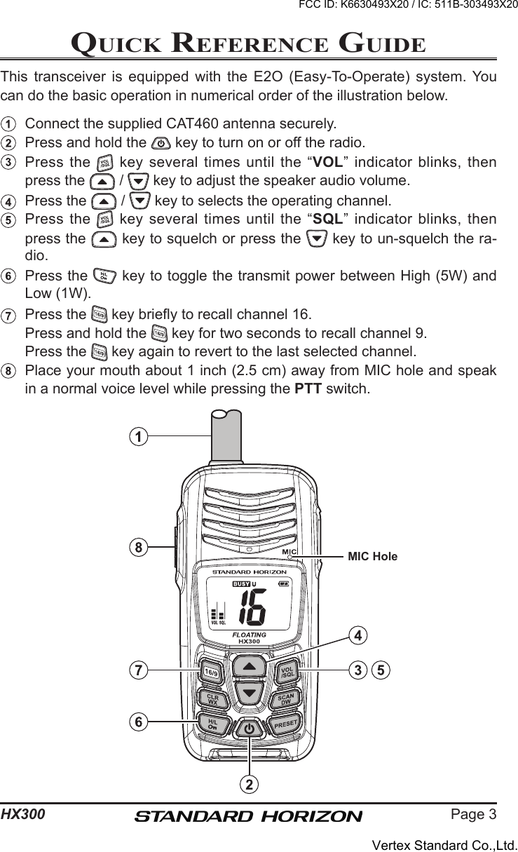 Page 3HX300Quick RefeRence GuideThis  transceiver is  equipped  with  the  E2O  (Easy-To-Operate)  system.  You can do the basic operation in numerical order of the illustration below.  Connect the supplied CAT460 antenna securely.  Press and hold the   key to turn on or off the radio.  Press the   key several  times until  the “VOL” indicator  blinks, then press the   /   key to adjust the speaker audio volume.  Press the   /   key to selects the operating channel.  Press the   key several  times until  the “SQL” indicator  blinks, then press the   key to squelch or press the   key to un-squelch the ra-dio.  Press the   key to toggle the transmit power between High (5W) and Low (1W).  Press the   key briey to recall channel 16.  Press and hold the   key for two seconds to recall channel 9.  Press the   key again to revert to the last selected channel.  Place your mouth about 1 inch (2.5 cm) away from MIC hole and speak in a normal voice level while pressing the PTT switch.MIC HoleFCC ID: K6630493X20 / IC: 511B-303493X20Vertex Standard Co.,Ltd.