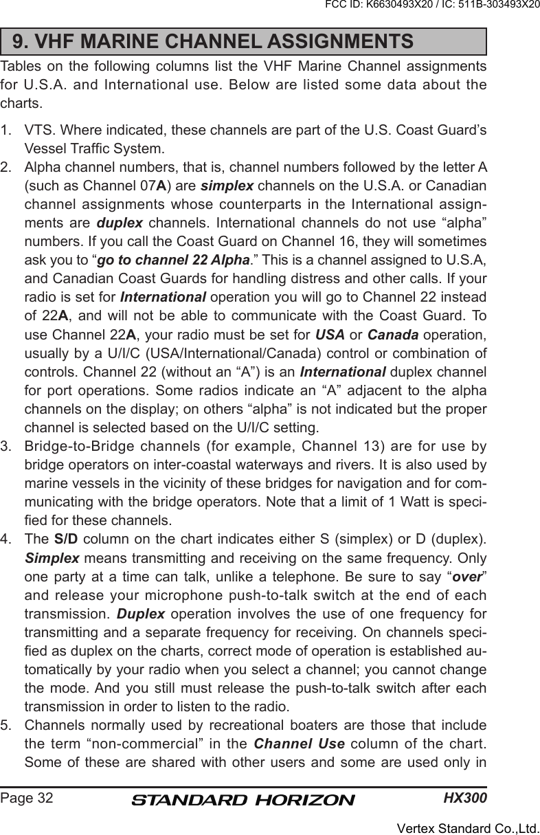 HX300Page 329. VHF MARINE CHANNEL ASSIGNMENTSTables on the following  columns  list  the  VHF  Marine  Channel  assignments for  U.S.A.  and  International  use.  Below  are  listed  some  data  about  the charts.1.  VTS. Where indicated, these channels are part of the U.S. Coast Guard’s Vessel Trafc System.2.  Alpha channel numbers, that is, channel numbers followed by the letter A (such as Channel 07A) are simplex channels on the U.S.A. or Canadian channel assignments whose counterparts in the International assign-ments  are  duplex  channels.  International  channels  do  not  use  “alpha” numbers. If you call the Coast Guard on Channel 16, they will sometimes ask you to “go to channel 22 Alpha.” This is a channel assigned to U.S.A, and Canadian Coast Guards for handling distress and other calls. If your radio is set for International operation you will go to Channel 22 instead of  22A,  and  will  not  be  able  to  communicate  with  the  Coast  Guard.  To use Channel 22A, your radio must be set for USA or Canada operation, usually by a U/I/C (USA/International/Canada) control or combination of controls. Channel 22 (without an “A”) is an International duplex channel for  port  operations.  Some  radios  indicate  an  “A”  adjacent  to  the  alpha channels on the display; on others “alpha” is not indicated but the proper channel is selected based on the U/I/C setting.3.  Bridge-to-Bridge channels (for example, Channel 13) are for use by bridge operators on inter-coastal waterways and rivers. It is also used by marine vessels in the vicinity of these bridges for navigation and for com-municating with the bridge operators. Note that a limit of 1 Watt is speci-ed for these channels. 4.  The S/D column on the chart indicates either S (simplex) or D (duplex). Simplex means transmitting and receiving on the same frequency. Only one party at a  time  can  talk,  unlike  a  telephone. Be sure to say  “over” and release your microphone push-to-talk switch at the end of each transmission. Duplex operation involves the use of one frequency for transmitting and a separate frequency for receiving. On channels speci-ed as duplex on the charts, correct mode of operation is established au-tomatically by your radio when you select a channel; you cannot change the mode. And you still must release the push-to-talk switch after each transmission in order to listen to the radio.5.  Channels  normally  used  by  recreational  boaters  are  those  that  include the term “non-commercial” in the Channel  Use  column  of  the  chart. Some of  these  are  shared with other  users  and  some are used  only  in FCC ID: K6630493X20 / IC: 511B-303493X20Vertex Standard Co.,Ltd.