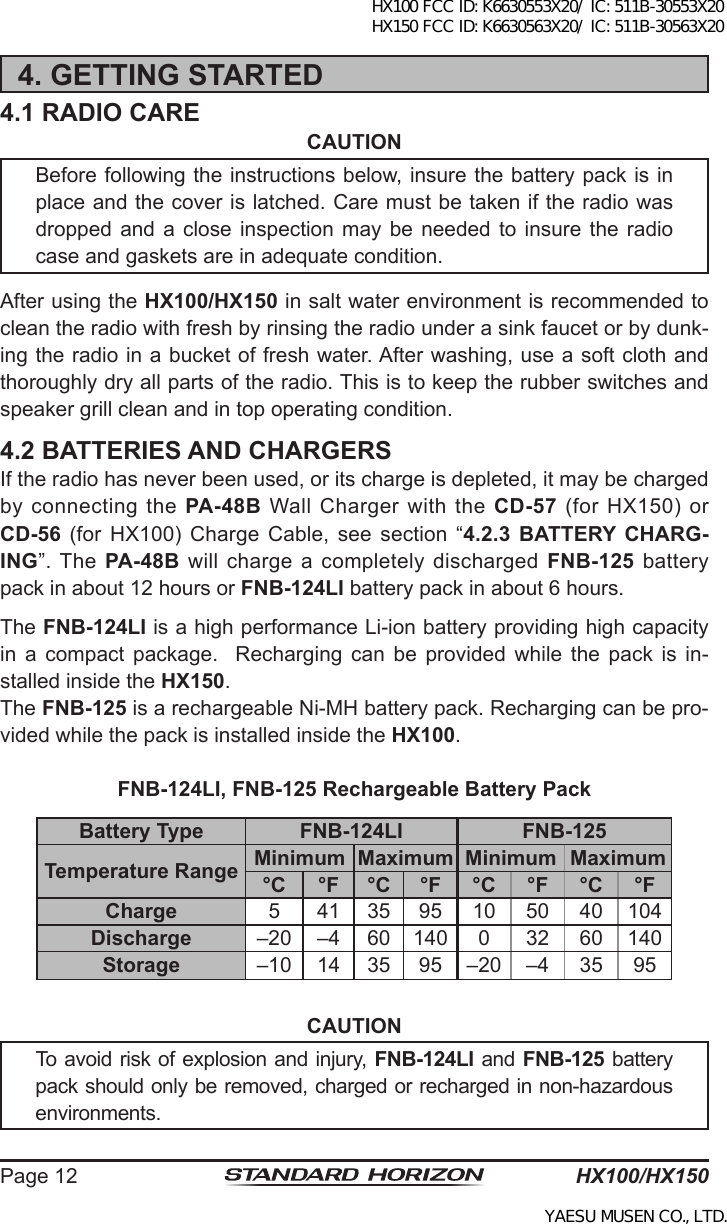 HX100/HX150Page 124. GETTING STARTED4.1 RADIO CARE CAUTIONBefore following the instructions below, insure the battery pack is in place and the cover is latched. Care must be taken if the radio was dropped and  a  close inspection may  be  needed to insure  the  radio case and gaskets are in adequate condition.After using the HX100/HX150 in salt water environment is recommended to clean the radio with fresh by rinsing the radio under a sink faucet or by dunk-ing the radio in a bucket of fresh water. After washing, use a soft cloth and thoroughly dry all parts of the radio. This is to keep the rubber switches and speaker grill clean and in top operating condition.4.2 BATTERIES AND CHARGERSIf the radio has never been used, or its charge is depleted, it may be charged by connecting the PA-48B Wall  Charger with the CD-57 (for HX150) or CD-56 (for  HX100)  Charge  Cable,  see section  “4.2.3  BATTERY  CHARG-ING”.  The  PA-48B  will  charge  a  completely  discharged  FNB-125 battery pack in about 12 hours or FNB-124LI battery pack in about 6 hours.The FNB-124LI is a high performance Li-ion battery providing high capacity in  a  compact  package.    Recharging  can  be  provided  while  the  pack  is  in-stalled inside the HX150.The FNB-125 is a rechargeable Ni-MH battery pack. Recharging can be pro-vided while the pack is installed inside the HX100.FNB-124LI, FNB-125 Rechargeable Battery PackBattery Type FNB-124LI FNB-125Temperature Range Minimum Maximum Minimum Maximum°C °F °C °F °C °F °C °FCharge 5 41 35 95 10 50 40 104Discharge –20 –4 60 140 0 32 60 140Storage –10 14 35 95 –20 –4 35 95CAUTIONTo avoid risk of explosion and injury, FNB-124LI and FNB-125 battery pack should only be removed, charged or recharged in non-hazardous environments.HX100 FCC ID: K6630553X20/ IC: 511B-30553X20 HX150 FCC ID: K6630563X20/ IC: 511B-30563X20YAESU MUSEN CO., LTD.