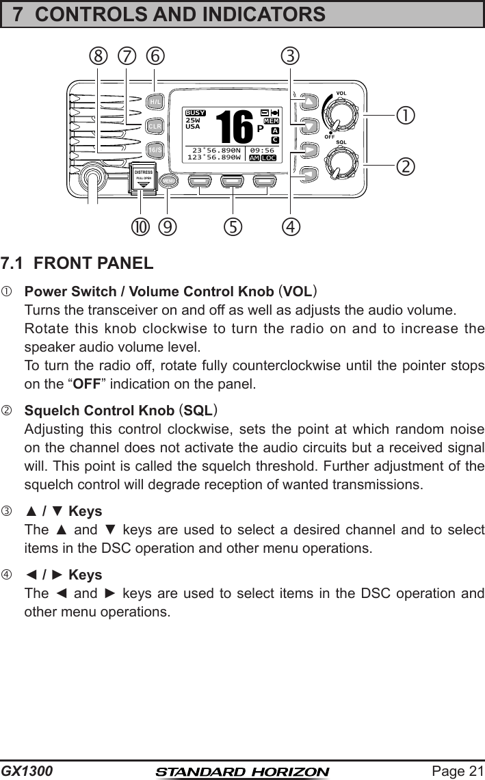 Page 21GX13007  CONTROLS AND INDICATORSDISTRESSPULL OPENBUSYMEMLOCAMACUSA25W123˚56.890W 23˚56.890N 09:56P16   7.1  FRONT PANEL Power Switch / Volume Control Knob (VOL)  Turns the transceiver on and off as well as adjusts the audio volume.  Rotate  this knob clockwise to turn the radio on and to increase the speaker audio volume level.  To turn the radio off, rotate fully counterclockwise until the pointer stops on the “OFF” indication on the panel. Squelch Control Knob (SQL)  Adjusting  this  control  clockwise,  sets  the  point  at  which  random  noise on the channel does not activate the audio circuits but a received signal will. This point is called the squelch threshold. Further adjustment of the squelch control will degrade reception of wanted transmissions. ▲ / ▼ Keys  The ▲ and ▼ keys are used to select  a  desired  channel  and  to  select items in the DSC operation and other menu operations. ◄ / ► Keys  The ◄ and ►  keys  are  used  to select items in the DSC operation and other menu operations.