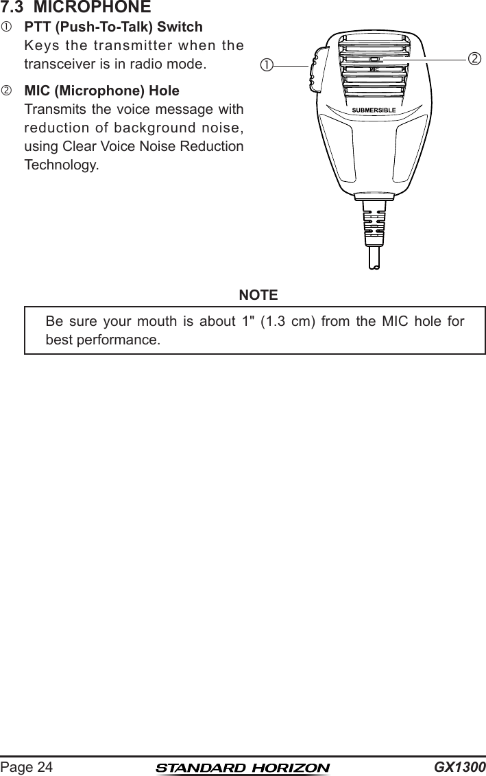 GX1300Page 247.3  MICROPHONE  PTT (Push-To-Talk) Switch  Keys  the  transmitter  when  the transceiver is in radio mode. MIC (Microphone) Hole  Transmits the voice message with reduction  of  background  noise, using Clear Voice Noise Reduction Technology. NOTEBe  sure  your  mouth  is  about  1&quot;  (1.3  cm)  from  the  MIC  hole  for best performance.