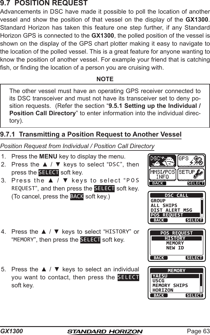 Page 63GX13009.7  POSITION REQUESTAdvancements in DSC have made it possible to poll the location of another vessel  and  show  the  position  of  that  vessel  on  the  display  of  the  GX1300. Standard  Horizon  has  taken  this  feature  one  step  further,  if  any  Standard Horizon GPS is connected to the GX1300, the polled position of the vessel is shown on the display of the GPS chart plotter making it easy to navigate to the location of the polled vessel. This is a great feature for anyone wanting to know the position of another vessel. For example your friend that is catching sh, or nding the location of a person you are cruising with.NOTE9.7.1  Transmitting a Position Request to Another VesselPosition Request from Individual / Position Call Directory1.  Press the MENU key to display the menu.BACK SELECTBACK SELECTDSC CALLGROUPALL SHIPSDIST ALERT MSGPOS REQUEST2.  Press  the  ▲  /  ▼  keys  to  select  “DSC”,  then press the SELECT soft key.3.  Press  the  ▲  /  ▼  keys  to  select  “POS REQUEST”, and then press the SELECT soft key. (To cancel, press the BACK soft key.)4.  Press  the  ▲  /  ▼  keys  to  select  “HISTORY”  or “MEMORY”, then press the SELECT soft key.BACK SELECTPOS REQUESTHISTORYMEMORYNEW ID5.  Press  the  ▲  /  ▼  keys  to  select  an  individual you  want  to  contact,  then  press  the  SELECT soft key.BACK SELECTMEMORYYAESUUSCGMEMORY SHIPSHORIZONThe other vessel must have an operating GPS receiver connected to its DSC transceiver and must not have its transceiver set to deny po-sition requests.  (Refer the section “9.5.1 Setting up the Individual / Position Call Directory” to enter information into the individual direc-tory).