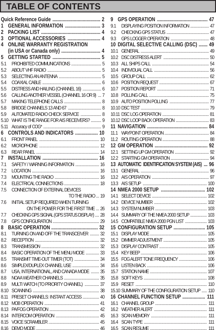 TABLE OF CONTENTSQuick Reference Guide  ...................................... 21  GENERAL INFORMATION  ............................ 32  PACKING LIST  ...............................................  43  OPTIONAL ACCESSORIES  .......................... 44  ONLINE WARRANTY REGISTRATION  (in USA or Canada only)  ...............................  45  GETTING STARTED  ...................................... 55.1  PROHIBITED COMMUNICATIONS  ............................. 55.2  ABOUT VHF RADIO  .................................................... 55.3  SELECTING AN ANTENNA  ......................................... 55.4  COAXIAL CABLE  ......................................................... 65.5  DISTRESS AND HAILING (CHANNEL 16)  .................. 65.6  CALLING ANOTHER VESSEL (CHANNEL 16 OR 9)  ... 75.7  MAKING TELEPHONE CALLS  .................................... 85.8  BRIDGE CHANNELS 13 AND 67  ................................ 85.9  AUTOMATED RADIO CHECK SERVICE  .................... 85.10  WHAT IS THE RANGE FOR AIS RECEIVERS?  .......... 95.11  Accuracy of COG*  ........................................................  96  CONTROLS AND INDICATORS  .................. 106.1  FRONT PANEL  .......................................................... 106.2 MICROPHONE  .......................................................... 126.3  REAR PANEL  ............................................................. 147 INSTALLATION  ............................................ 167.1  SAFETY / WARNING INFORMATION  ....................... 167.2 LOCATION  ................................................................. 167.3  MOUNTING THE RADIO  ........................................... 167.4  ELECTRICAL CONNECTIONS  .................................. 187.5  CONNECTION OF EXTERNAL DEVICES                                                      TO THE RADIO ... 197.6  INITIAL SETUP REQUIRED WHEN TURNING                         ON THE POWER FOR THE FIRST TIME  ... 267.7  CHECKING GPS SIGNAL (GPS STATUS DISPLAY) .... 287.8  GPS CONFIGURATION  .............................................  298  BASIC OPERATION  ..................................... 328.1  TURNING ON AND OFF THE TRANSCEIVER  ......... 328.2 RECEPTION  .............................................................. 328.3 TRANSMISSION  ........................................................  328.4  BASIC OPERATION OF THE MENU MODE  ............. 338.5  TRANSMIT TIME-OUT TIMER (TOT)  ........................ 348.6  SIMPLEX/DUPLEX CHANNEL USE  .......................... 348.7  USA, INTERNATIONAL, AND CANADA MODE  ........ 358.8  NOAA WEATHER CHANNELS  .................................. 358.9  MULTI WATCH (TO PRIORITY CHANNEL)  .............. 378.10 SCANNING  ................................................................ 388.11  PRESET CHANNELS: INSTANT ACCESS  ................ 408.12  MOB OPERATION  ..................................................... 418.13  PA/FOG OPERATION  ................................................ 428.14  INTERCOM OPERATION  .......................................... 458.15  VOICE SCRAMBLER  .................................................  458.16  DEMO MODE  .............................................................  469  GPS OPERATION  ........................................ 479.1  DISPLAYING POSITION INFORMATION  .................. 479.2  CHECKING GPS STATUS  ......................................... 479.3  GPS LOGGER OPERATION  ..................................... 4810  DIGITAL SELECTIVE CALLING (DSC)  ....... 4910.1 GENERAL  .................................................................. 4910.2  DSC DISTRESS ALERT  ............................................ 5010.3  ALL SHIPS CALL  ....................................................... 5410.4  INDIVIDUAL CALL  ..................................................... 5610.5  GROUP CALL  ............................................................ 6210.6  POSITION REQUEST  ................................................ 6710.7  POSITION REPORT  .................................................. 7110.8  POLLING CALL  .......................................................... 7510.9  AUTO POSITION POLLING  ...................................... 7710.10 DSC TEST .................................................................. 7910.11 DSC LOG OPERATION  ............................................. 8110.12 DSC LOOP BACK OPERATION  ................................ 8311 NAVIGATION  ................................................ 8411.1  WAYPOINT OPERATION  ........................................... 8411.2  ROUTING OPERATION  .............................................  8812  GM OPERATION  .......................................... 9212.1  SETTING UP GM OPERATION  ................................. 9212.2  STARTING GM OPERATION  ..................................... 9413 AUTOMATIC  IDENTIFICATION SYSTEM (AIS)  ... 9613.1 GENERAL  .................................................................. 9613.2  AIS OPERATION  ....................................................... 9713.3  AIS SETUP  .............................................................. 10014  NMEA 2000 SETUP  ................................... 10214.1  SELECT DEVICE  ..................................................... 10214.2  DEVICE NUMBER  ................................................... 10214.3  SYSTEM NUMBER  ..................................................  10314.4  SUMMARY OF THE NMEA 2000 SETUP  ................  10314.5  COMPATIBLE NMEA 2000 PGN LIST  ..................... 10315  CONFIGURATION SETUP  ......................... 10515.1  DISPLAY MODE ....................................................... 10515.2  DIMMER ADJUSTMENT  ..........................................  10515.3  DISPLAY CONTRAST  .............................................. 10515.4  KEY BEEP ................................................................ 10615.5  FOG ALERT TONE FREQUENCY  ...........................  10615.6  LISTEN BACK  ..........................................................  10615.7  STATION NAME  .......................................................  10715.8  SOFT KEYS  ............................................................. 10815.9 RESET  ..................................................................... 11015.10 SUMMARY OF THE CONFIGURATION SETUP  .....  11016  CHANNEL FUNCTION SETUP  ..................  11116.1  CHANNEL GROUP  ..................................................  11116.2  WEATHER ALERT  ...................................................  11116.3  SCAN MEMORY  ......................................................  11116.4  SCAN TYPE  .............................................................  11116.5  SCAN RESUME  .......................................................  111