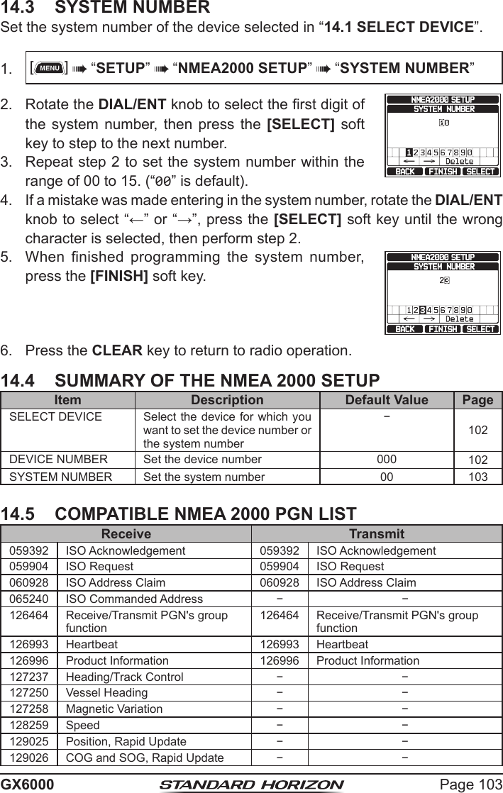 Page 103GX600014.3  SYSTEM NUMBERSet the system number of the device selected in “14.1 SELECT DEVICE”.1.  []  “SETUP”  “NMEA2000 SETUP”  “SYSTEM NUMBER”2.  Rotate the DIAL/ENT knob to select the rst digit of the system number,  then  press  the  [SELECT] soft key to step to the next number.    3.  Repeat step 2 to set the system number within the range of 00 to 15. (“00” is default). 4.  If a mistake was made entering in the system number, rotate the DIAL/ENT knob to select “←” or “→”, press the [SELECT] soft key until the wrong character is selected, then perform step 2.5.  When  nished  programming  the  system  number, press the [FINISH] soft key.    6.  Press the CLEAR key to return to radio operation.14.4  SUMMARY OF THE NMEA 2000 SETUPItem Description Default Value PageSELECT DEVICE Select the device for which you want to set the device number or the system number−102DEVICE NUMBER Set the device number 000 102SYSTEM NUMBER Set the system number 00 10314.5  COMPATIBLE NMEA 2000 PGN LISTReceive Transmit059392 ISO Acknowledgement 059392 ISO Acknowledgement059904 ISO Request 059904 ISO Request060928 ISO Address Claim 060928 ISO Address Claim065240 ISO Commanded Address − −126464 Receive/Transmit PGN&apos;s group function 126464 Receive/Transmit PGN&apos;s group function 126993 Heartbeat  126993 Heartbeat 126996 Product Information 126996 Product Information127237 Heading/Track Control − −127250 Vessel Heading − −127258 Magnetic Variation − −128259 Speed  − −129025 Position, Rapid Update  − −129026 COG and SOG, Rapid Update − −