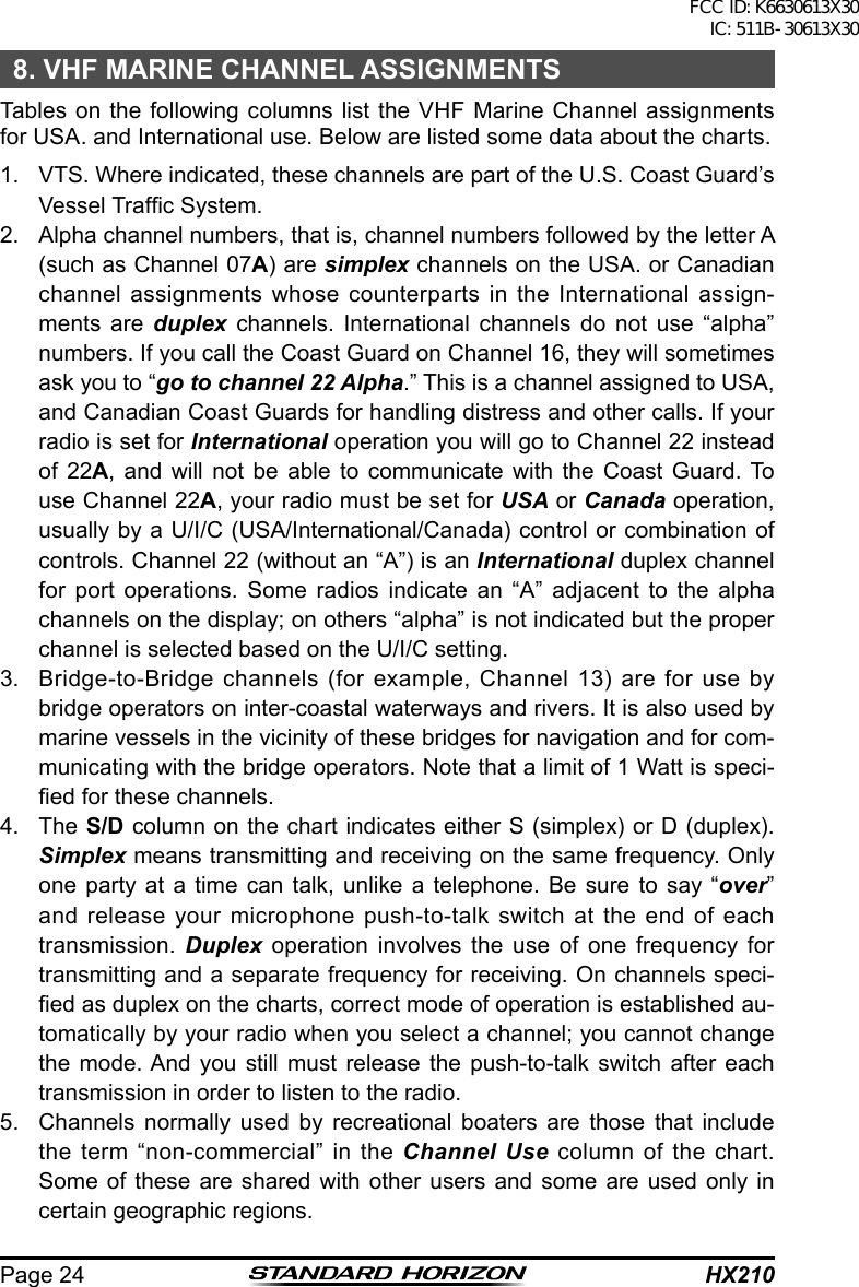 HX210Page 248. VHF MARINE CHANNEL ASSIGNMENTSTables on the following columns list the VHF Marine Channel assignments for USA. and International use. Below are listed some data about the charts.1.  VTS. Where indicated, these channels are part of the U.S. Coast Guard’s Vessel Trafc System.2.  Alpha channel numbers, that is, channel numbers followed by the letter A (such as Channel 07A) are simplex channels on the USA. or Canadian channel assignments whose counterparts in the International assign-ments are duplex channels. International channels do not use “alpha” numbers. If you call the Coast Guard on Channel 16, they will sometimes ask you to “go to channel 22 Alpha.” This is a channel assigned to USA, and Canadian Coast Guards for handling distress and other calls. If your radio is set for International operation you will go to Channel 22 instead of 22A, and will not be able to communicate with the Coast Guard. To use Channel 22A, your radio must be set for USA or Canada operation, usually by a U/I/C (USA/International/Canada) control or combination of controls. Channel 22 (without an “A”) is an International duplex channel for port operations. Some radios indicate an “A” adjacent to the alpha channels on the display; on others “alpha” is not indicated but the proper channel is selected based on the U/I/C setting.3.  Bridge-to-Bridge channels (for example, Channel 13) are for use by bridge operators on inter-coastal waterways and rivers. It is also used by marine vessels in the vicinity of these bridges for navigation and for com-municating with the bridge operators. Note that a limit of 1 Watt is speci-ed for these channels. 4. The S/D column on the chart indicates either S (simplex) or D (duplex). Simplex means transmitting and receiving on the same frequency. Only one party at a time can talk, unlike a telephone. Be sure to say “over” and release your microphone push-to-talk switch at the end of each transmission.  Duplex operation involves the use of one frequency for transmitting and a separate frequency for receiving. On channels speci-ed as duplex on the charts, correct mode of operation is established au-tomatically by your radio when you select a channel; you cannot change the mode. And you still must release the push-to-talk switch after each transmission in order to listen to the radio.5.  Channels normally used by recreational boaters are those that include the term “non-commercial” in the Channel Use column of the chart. Some of these are shared with other users and some are used only in certain geographic regions.FCC ID: K6630613X30 IC: 511B-30613X30