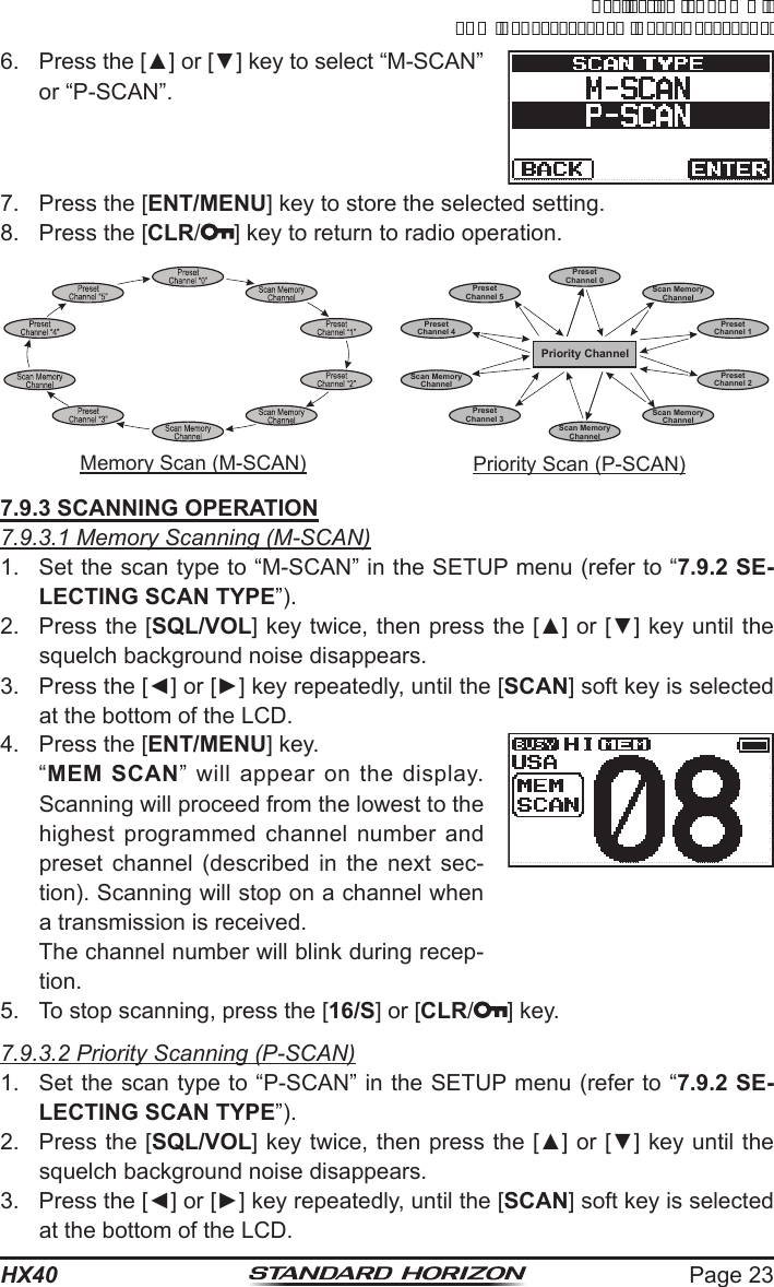 Page 23HX406.  Press the [▲] or [▼] key to select “M-SCAN” or “P-SCAN”.7.  Press the [ENT/MENU] key to store the selected setting.8.  Press the [CLR/ ] key to return to radio operation.Memory Scan (M-SCAN)Scan MemoryChannelScan MemoryChannelScan MemoryChannelScan MemoryChannelPresetChannel 4PresetChannel 5Priority ChannelPresetChannel 0PresetChannel 1PresetChannel 2PresetChannel 3Priority Scan (P-SCAN)7.9.3 SCANNING OPERATION7.9.3.1 Memory Scanning (M-SCAN)1.  Set the scan type to “M-SCAN” in the SETUP menu (refer to “7.9.2 SE-LECTING SCAN TYPE”).2.  Press the [SQL/VOL] key twice, then press the [▲] or [▼] key until the squelch background noise disappears.3.  Press the [◄] or [►] key repeatedly, until the [SCAN] soft key is selected at the bottom of the LCD.4.  Press the [ENT/MENU] key. “MEM SCAN” will appear on the display. Scanning will proceed from the lowest to the highest programmed channel number and preset channel (described in the next sec-tion). Scanning will stop on a channel when a transmission is received.  The channel number will blink during recep-tion.5.  To stop scanning, press the [16/S] or [CLR/ ] key.7.9.3.2 Priority Scanning (P-SCAN)1.  Set the scan type to “P-SCAN” in the SETUP menu (refer to “7.9.2 SE-LECTING SCAN TYPE”).2.  Press the [SQL/VOL] key twice, then press the [▲] or [▼] key until the squelch background noise disappears.3.  Press the [◄] or [►] key repeatedly, until the [SCAN] soft key is selected at the bottom of the LCD.ApplicationforFCC/ICFCCID:K6630623X30IC:511B-30623X30