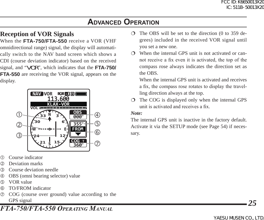 FTA-750/FTA-550 OperATing MAnuAl25Reception of VOR SignalsWhen the FTA-750/FTA-550 receive a VOR (VHF omnidirectional range) signal, the display will automati-cally switch to the NAV band screen which shows a CDI (course deviation indicator) based on the received signal, and “VOR”, which indicates that the FTA-750/FTA-550 are receiving the VOR signal, appears on the display.113.600VOLCOG T360°355°OBS000°NAV VORFROMKLAX-VORNSEW332421 15123036  Course indicator  Deviation marks  Course deviation needle  OBS (omni bearing selector) value  VOR value  TO/FROM indicator  COG (course over ground) value according to the GPS signal The OBS will be set to the direction (0 to 359 de-grees) included in the received VOR signal until you set a new one.  When the internal GPS unit is not activated or can-not receive a x  even it is activated, the  top of the compass rose always indicates the direction set as the OBS.  When the internal GPS unit is activated and receives a x, the compass rose rotates to display the travel-ling direction always at the top.  The COG is displayed only when the internal GPS unit is activated and receives a x.Note:The internal GPS unit is inactive in the factory default. Activate it via the SETUP mode (see Page 54) if neces-sary.adVanced operatIonFCC ID: K6650013X20 IC: 511B-50013X20YAESU MUSEN CO., LTD.