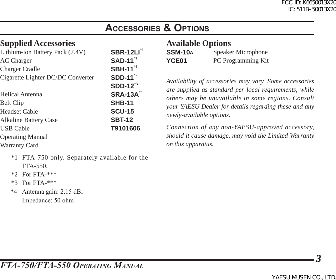 FTA-750/FTA-550 OperATing MAnuAl3accessorIes &amp; optIonsSupplied AccessoriesLithium-ion Battery Pack (7.4V)  SBR-12LI*1AC Charger  SAD-11*1Charger Cradle  SBH-11*1Cigarette Lighter DC/DC Converter  SDD-11*2  Belt Clip  SHB-11Headset Cable  SCU-15Alkaline Battery Case  SBT-12USB Cable  T9101606Operating ManualWarranty Card*1  FTA-750 only. Separately available for the FTA-550.*2  For FTA-****3  For FTA-***Available OptionsSSM-10A  Speaker MicrophoneYCE01    PC Programming KitAvailability of accessories may vary. Some accessories are supplied as standard per local requirements, while others may be unavailable in some regions. Consult your YAESU Dealer for details regarding these and any newly-available options.Connection of any non-YAESU-approved accessory, should it cause damage, may void the Limited Warranty on this apparatus.SDD-12*3Helical Antenna SRA-13A*4*4   Antenna gain: 2.15 dBi       Impedance: 50 ohm FCC ID: K6650013X20 IC: 511B-50013X20YAESU MUSEN CO., LTD.
